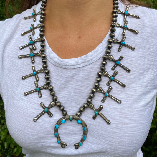 Vintage Sterling Silver and Turquoise Cross Squash Blossom Style Necklace Unsigned