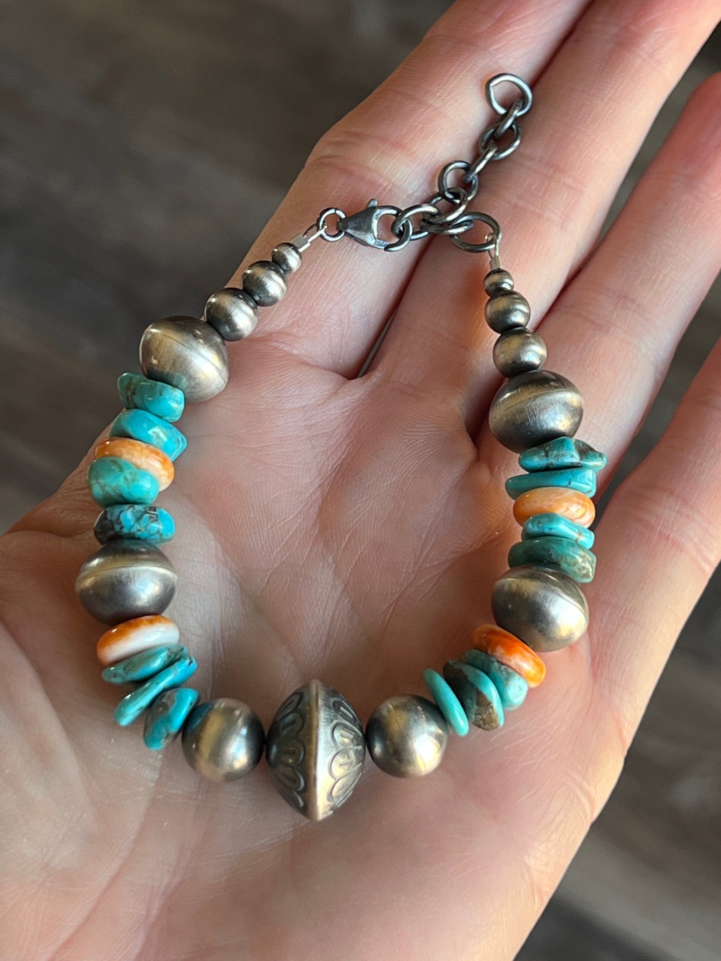 Navajo Made Chunky Sterling Silver, Turquoise and Spiny Oyster Shell Beaded Bracelet, Adjustable