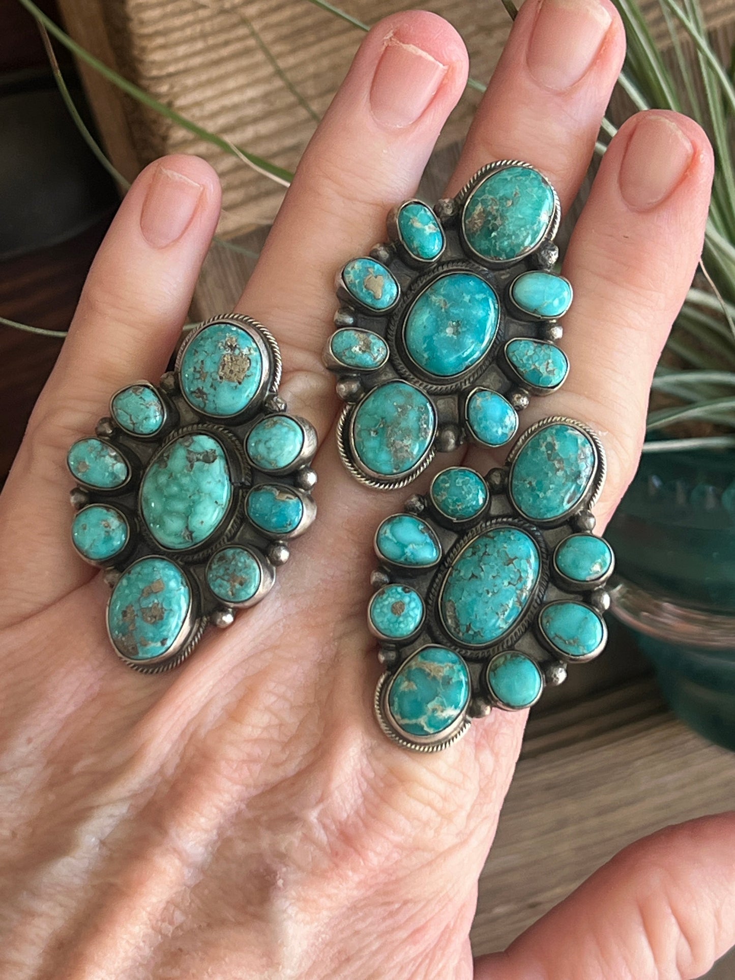 Navajo Sterling Silver and Natural Campitos Turquoise Cluster Rings by Sheila Becenti