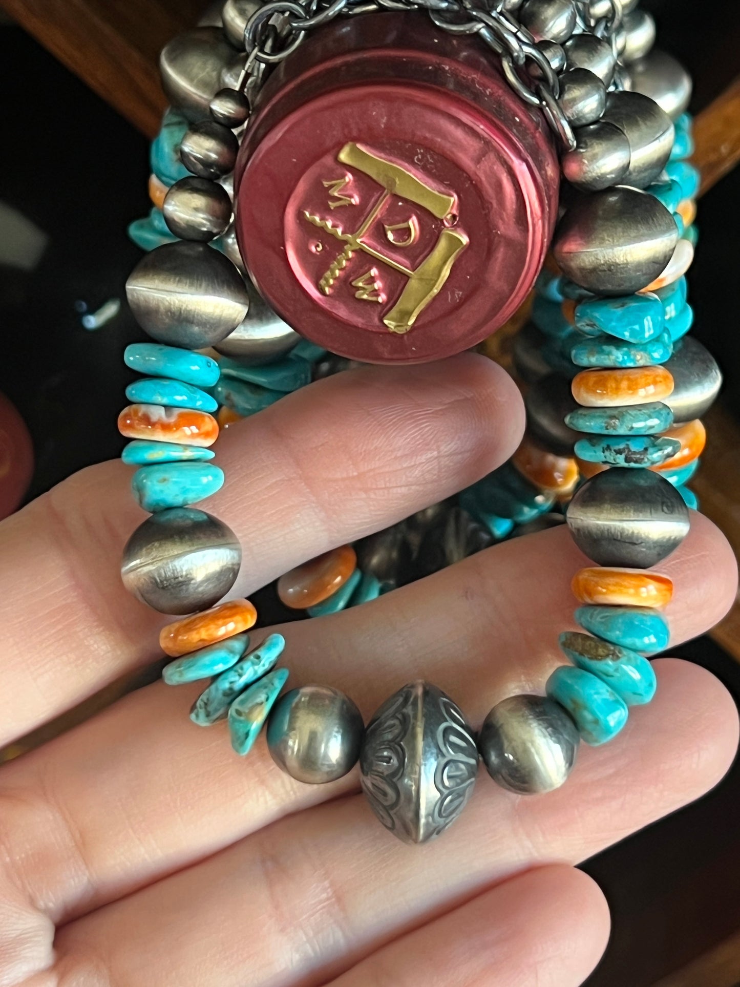 Navajo Made Chunky Sterling Silver, Turquoise and Spiny Oyster Shell Beaded Bracelet, Adjustable