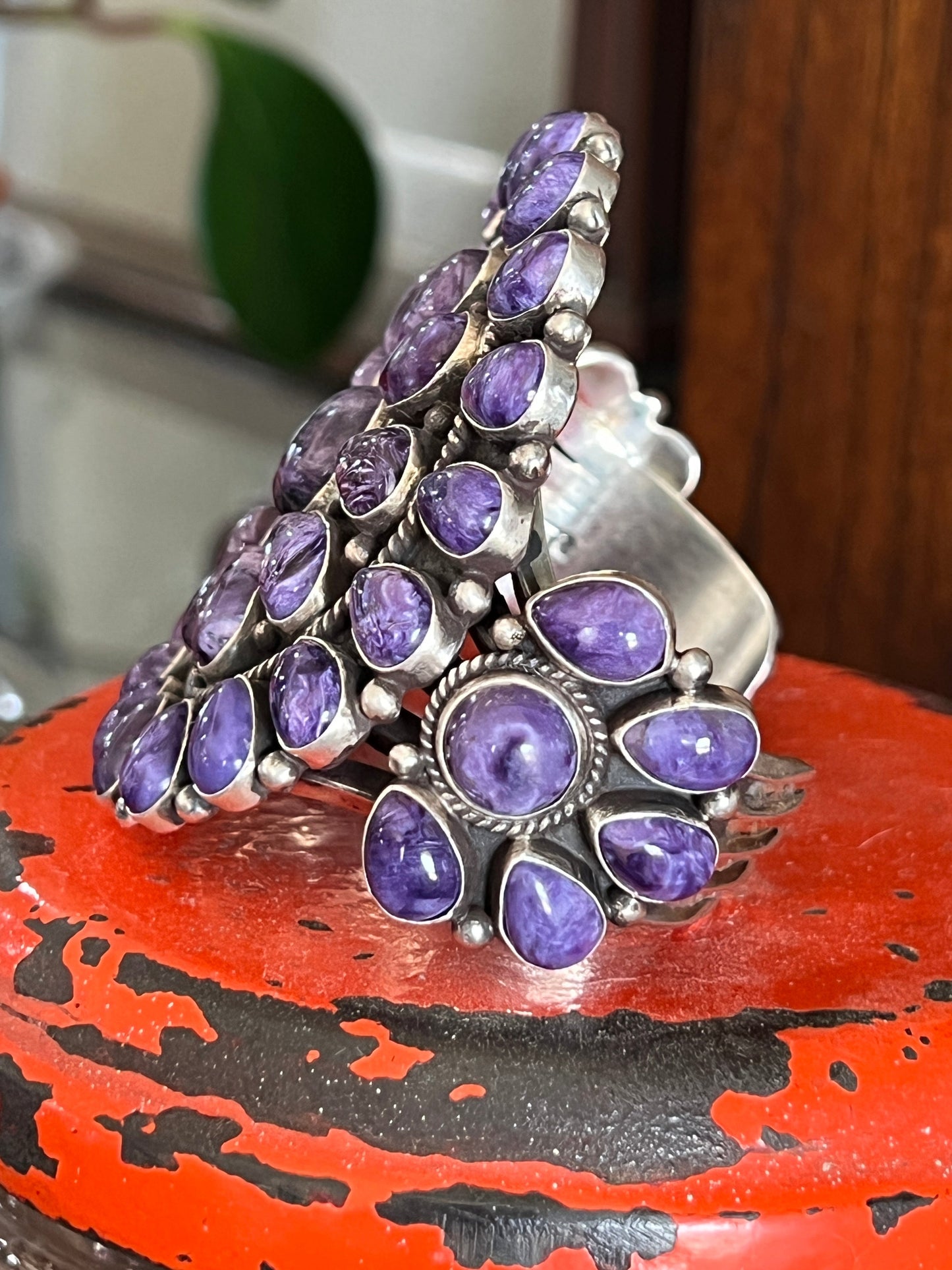 Navajo Sterling Silver and Charoite Cluster Cuff Bracelet by Tyler Brown
