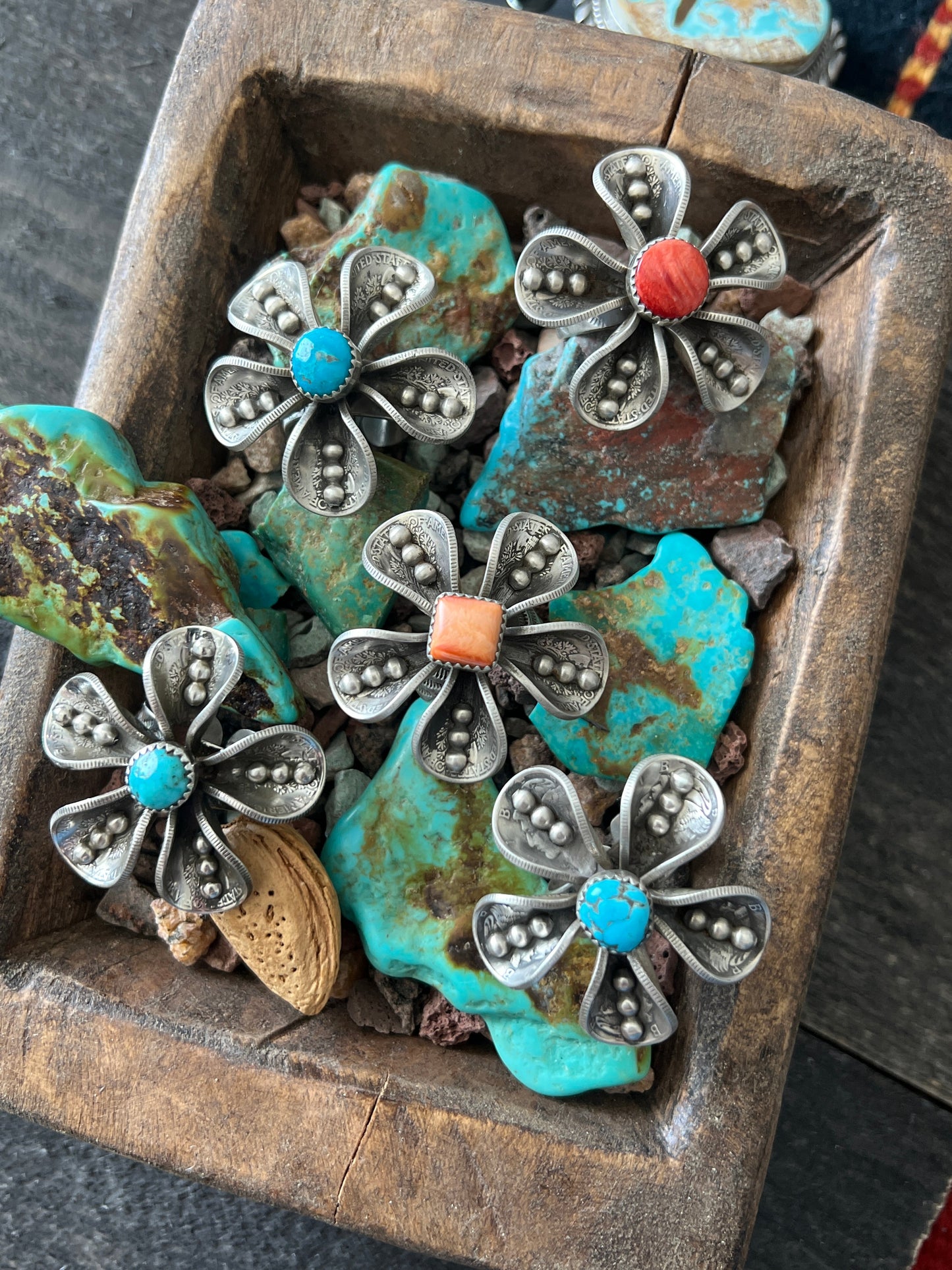 Navajo Sterling and Coin Silver Mercury Dime Flower Ring with Orange Spiny Oyster by James Begay, Adjustable