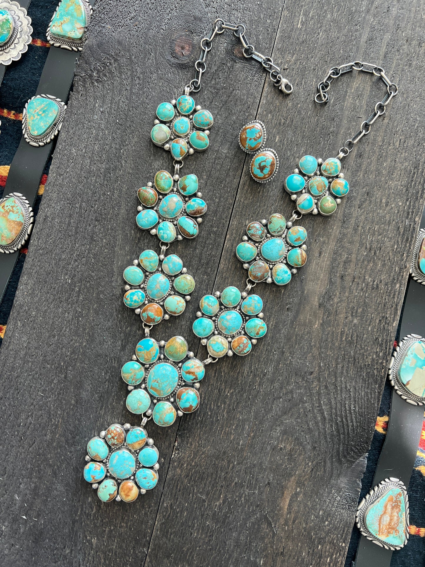 Navajo Big Mama Sterling Silver and Royston Turquoise Cluster Necklace with Matching Earrings by Sheila Becenti