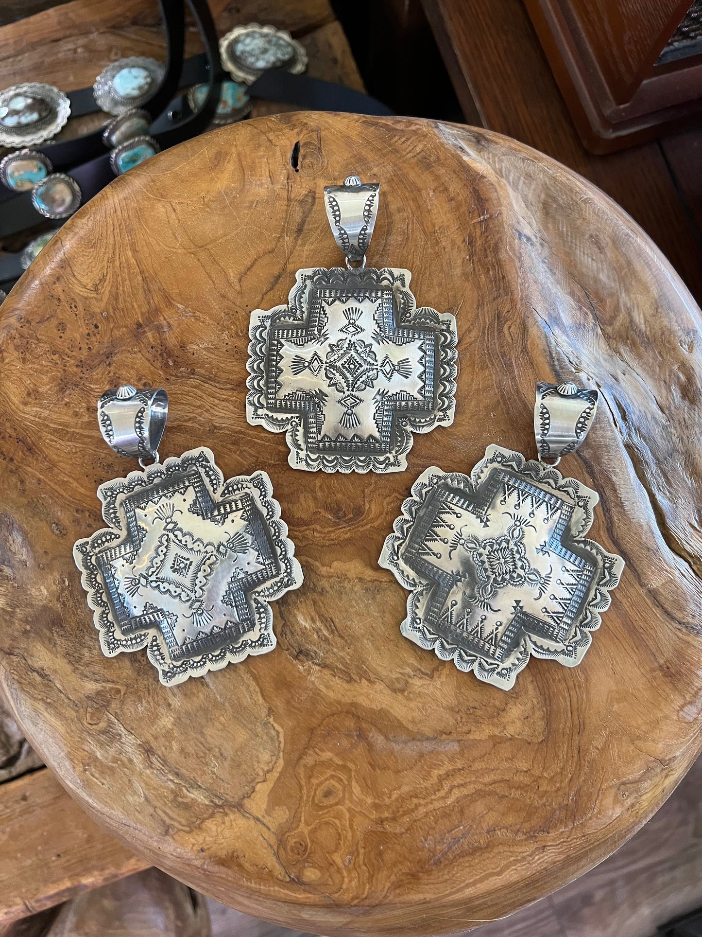 Navajo Hand Stamped Sterling Silver Santa Fe Cross Pendant by Victor Platero
