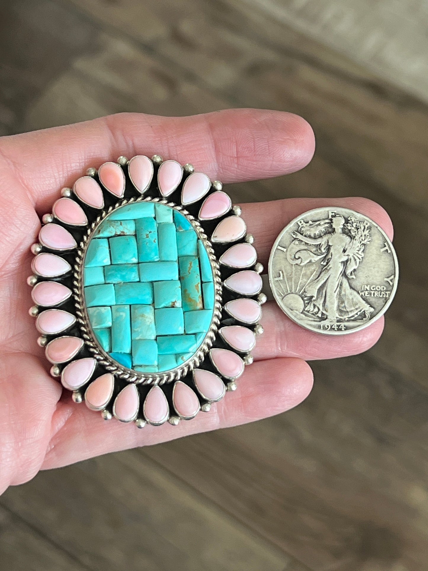 Navajo Cobblestone Kingman Turquoise and Pink Conch Cluster Ring by Aaron Tallis, Adjustable