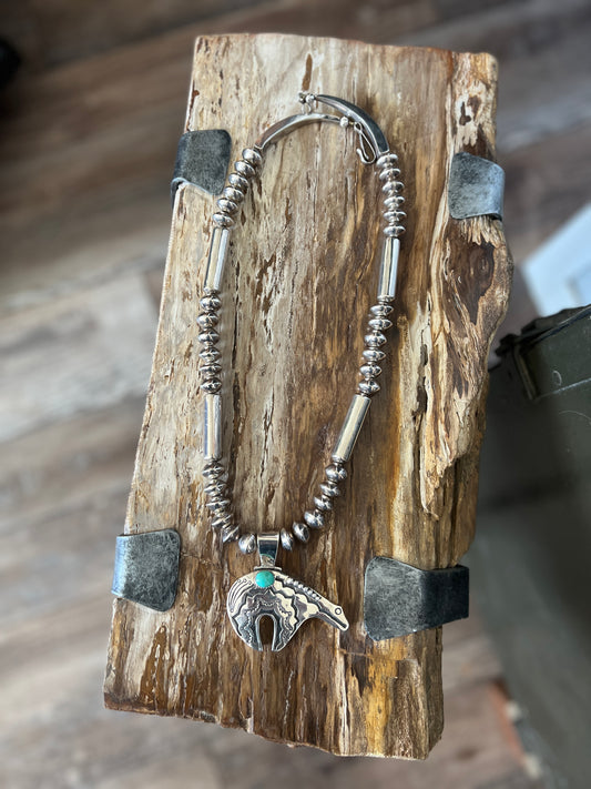 Handcrafted Sterling Silver Beaded Necklace with Bear Pendant, Signed Allan B.