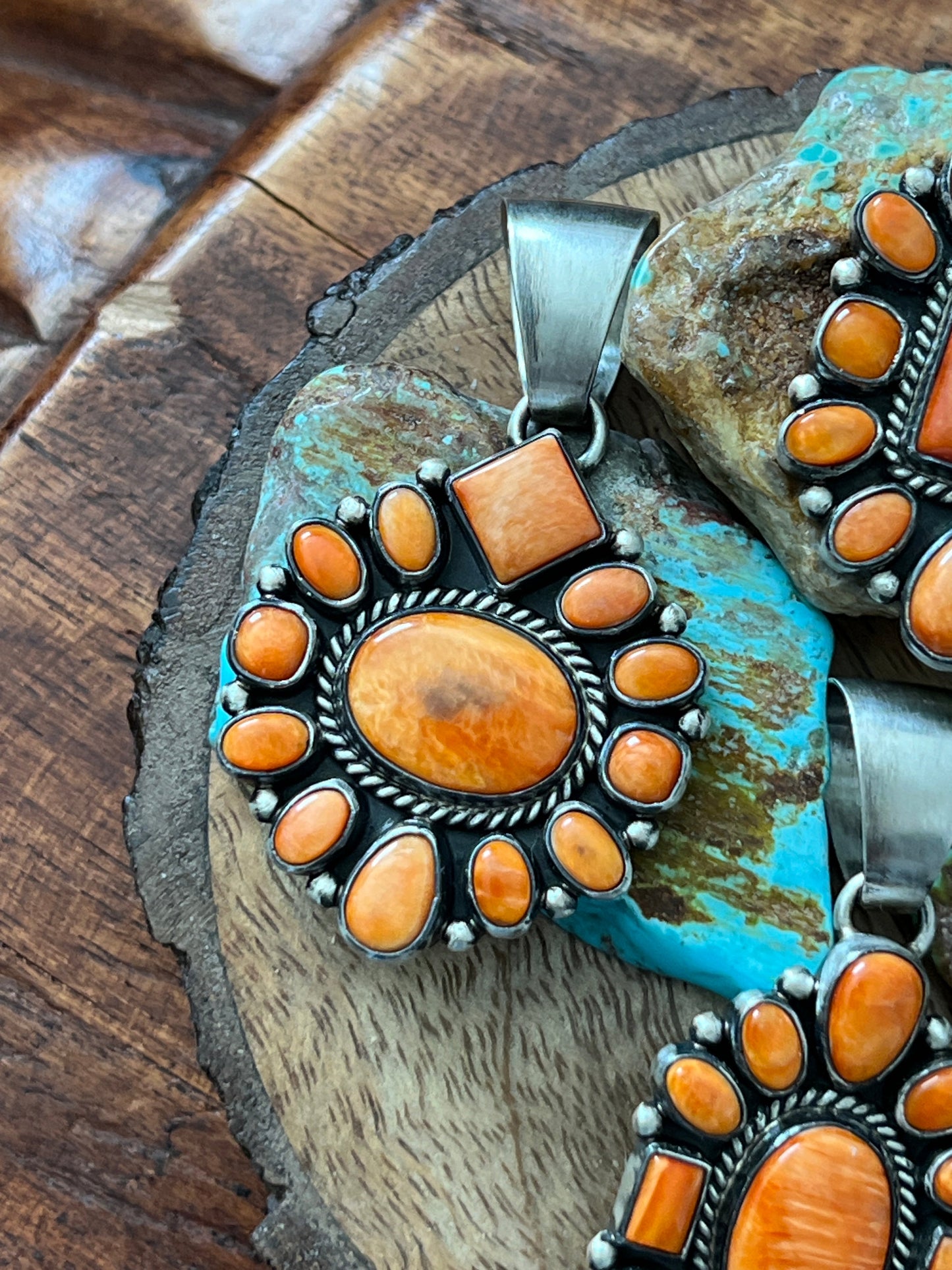 Navajo Sterling Silver and Burnt Spiny Oyster Shell Cluster Pendants by Loretta Delgarito