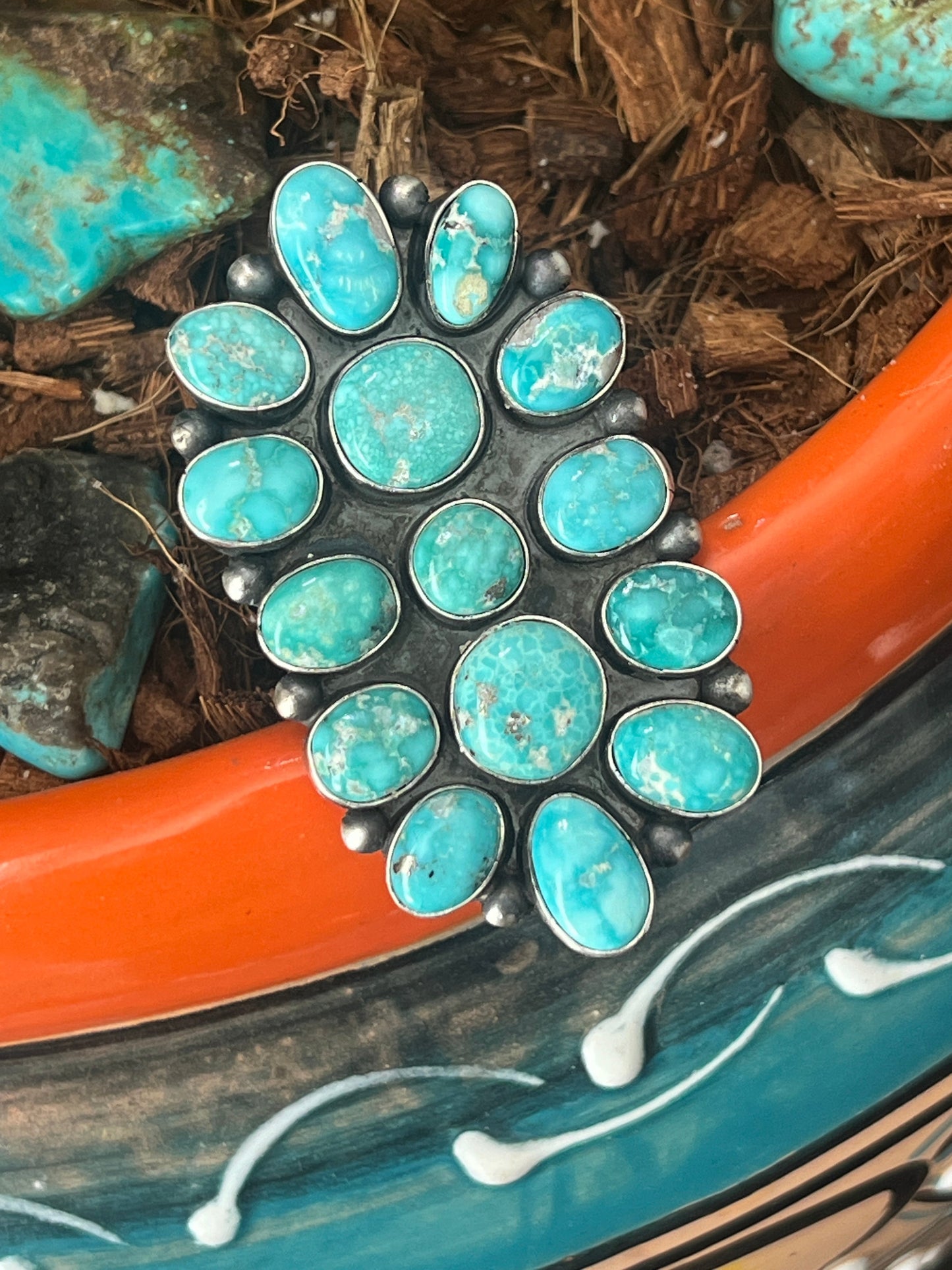 Navajo Paul Livingston Sterling Silver and Campitos Turquoise Cluster Ring, Size 7