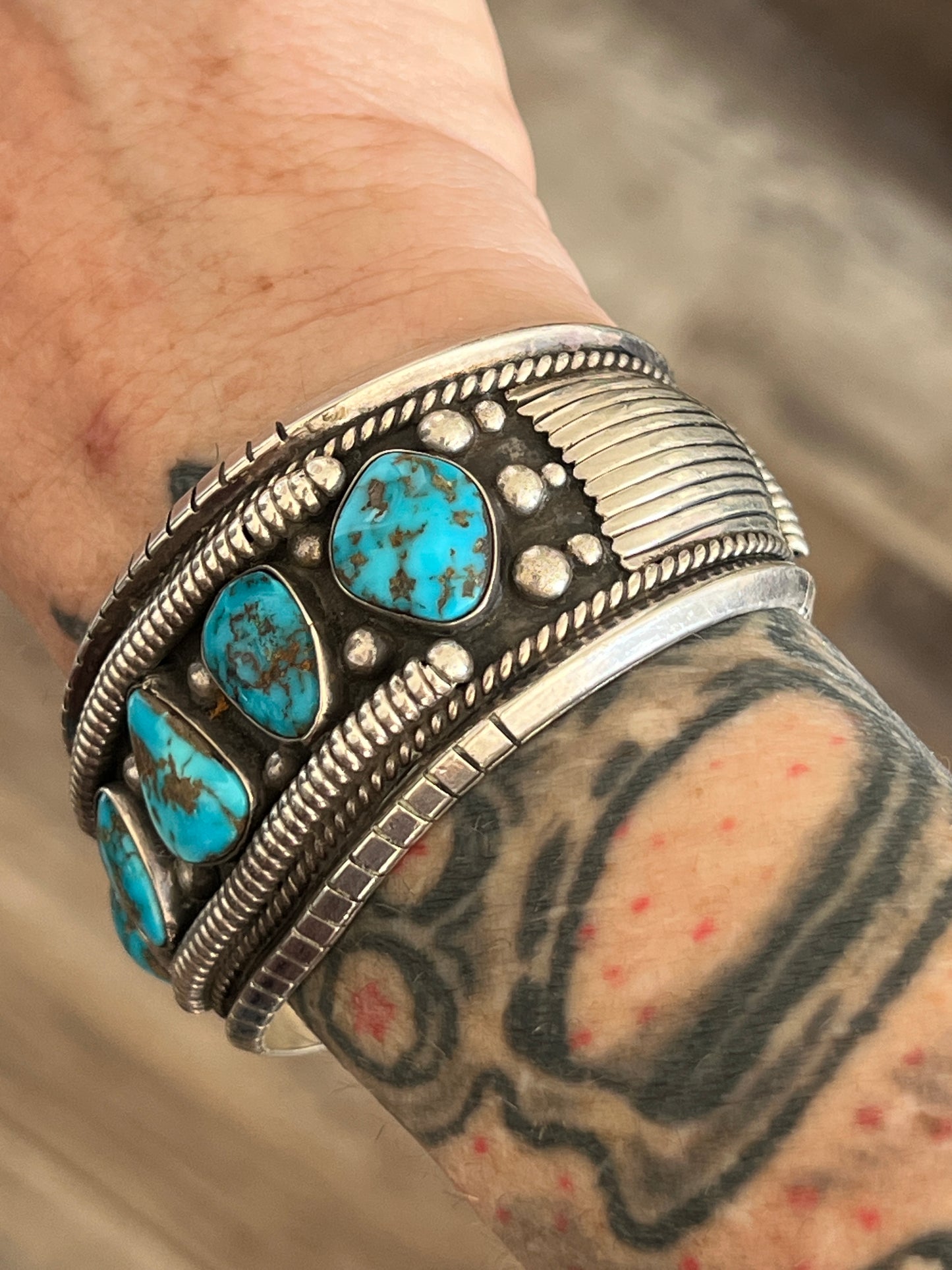 Vintage Hefty Sterling Silver and Turquoise Cuff Bracelet, Signed JY