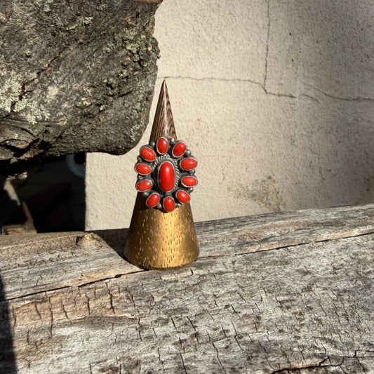 Navajo Sterling Silver Mediterranean Coral Cluster Ring Signed by Leon Martinez