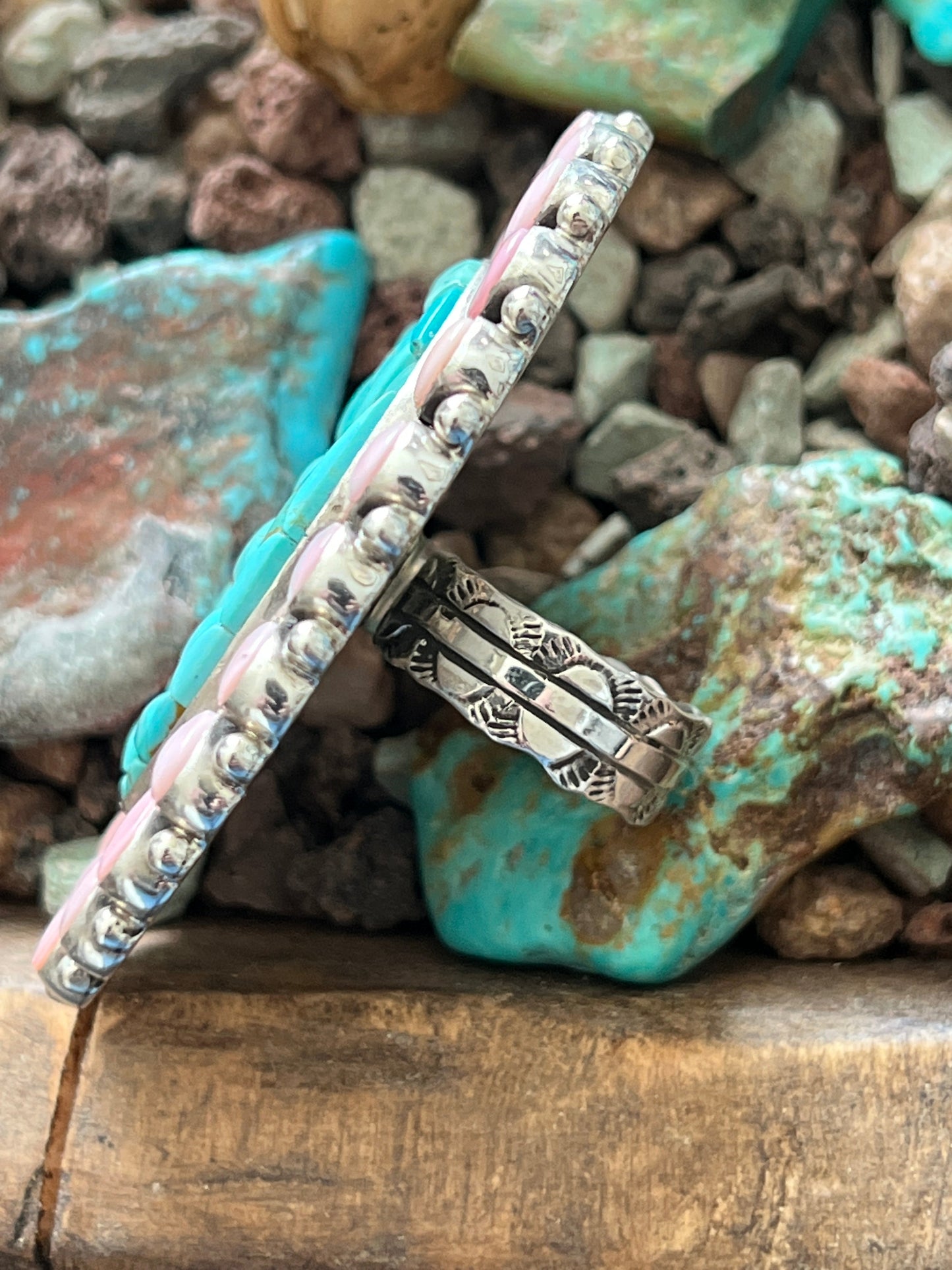 Navajo Cobblestone Kingman Turquoise and Pink Conch Cluster Ring by Aaron Tallis, Adjustable