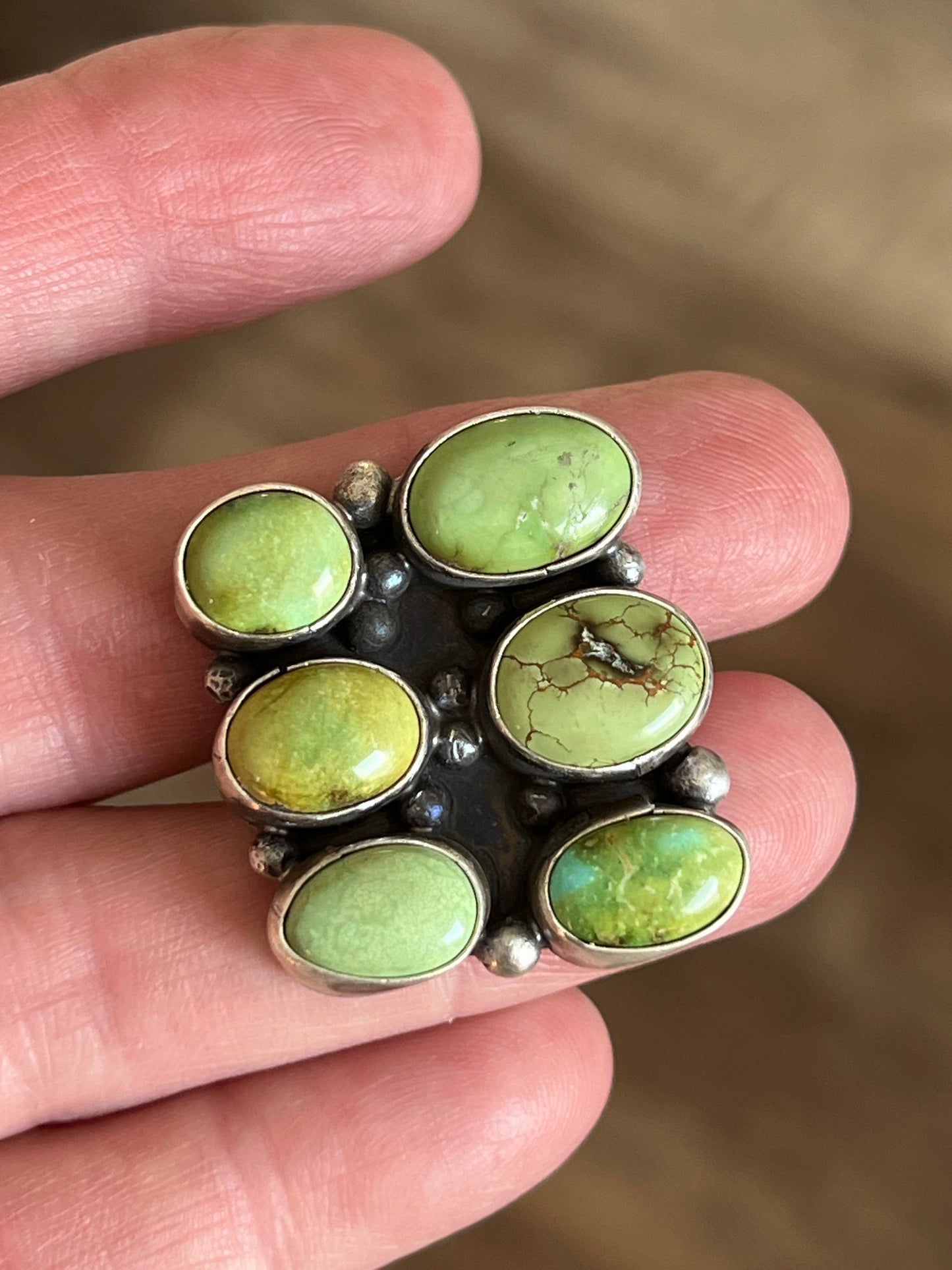 Navajo Sterling Silver and Sonoran Gold Turquoise Cluster Rings by Travis Jim, Size 8