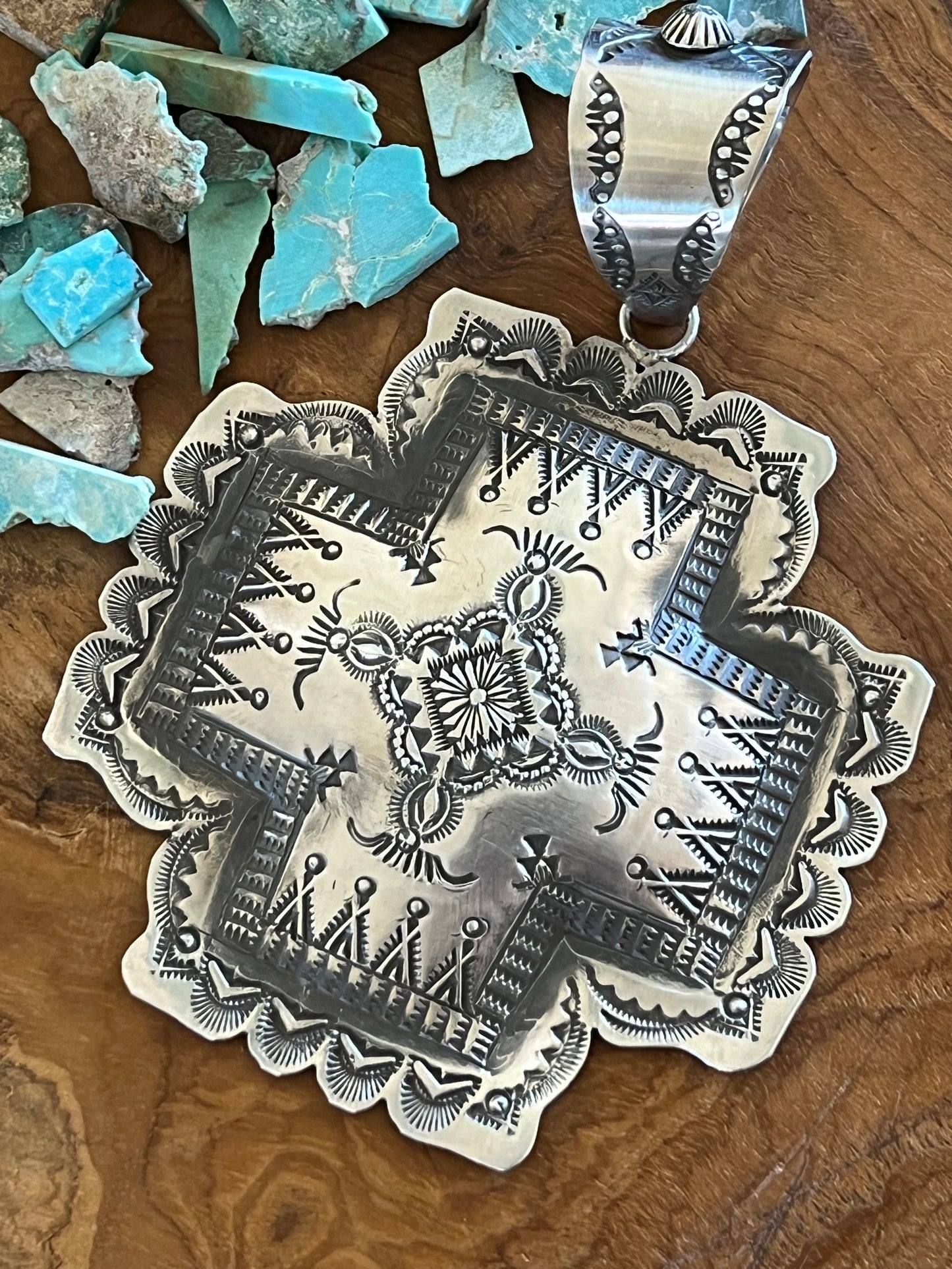 Navajo Hand Stamped Sterling Silver Santa Fe Cross Pendant by Victor Platero