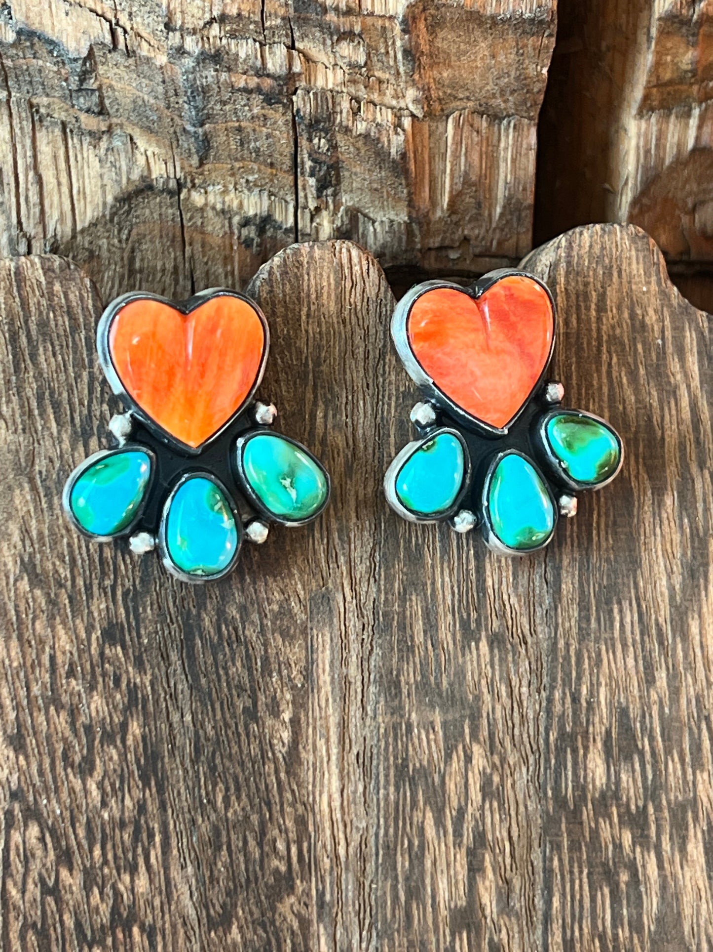 Vibrant Navajo Sterling Silver, Sonoran Turquoise and Spiny Oyster Shell Heart Cluster Post Earrings by Lucy Jake