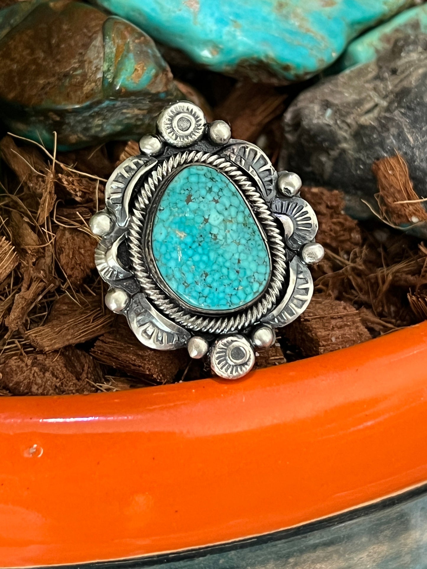 Navajo Sterling Silver and Natural Kingman Web Ring by Boyd Ashley, Size 8