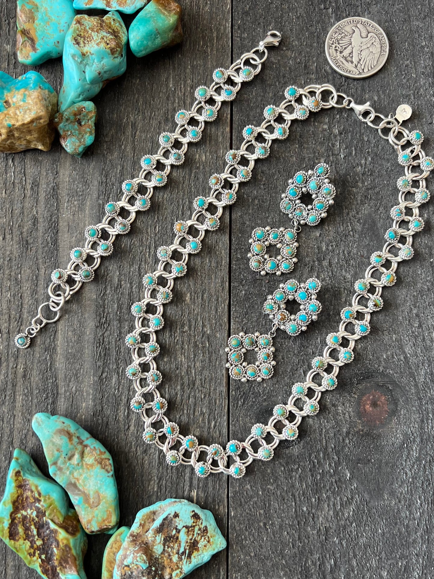 Zuni Sterling and Snake Eye Turquoise Link Necklace, Bracelet & Earrings by Dillon Cheama