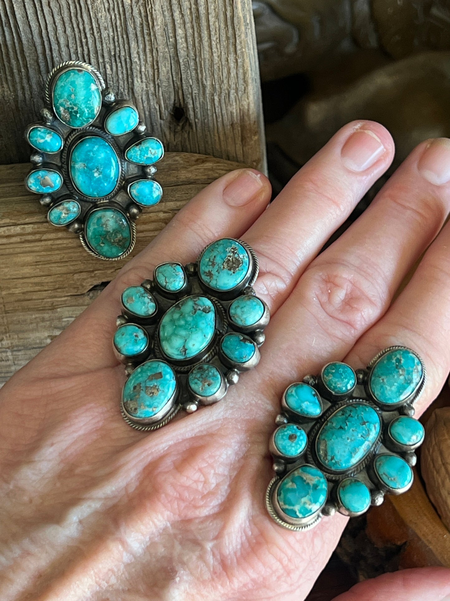 Navajo Sterling Silver and Natural Campitos Turquoise Cluster Rings by Sheila Becenti