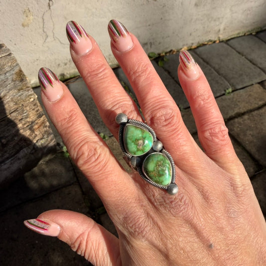 Navajo Sterling Silver Adjustable Double Sonoran Gold Turquoise Ring by Leon Martinez