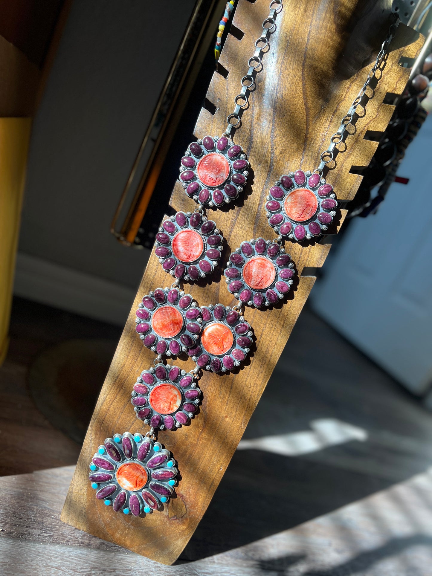 Stunning Navajo Sterling Silver, Carved Spiny Oyster and Turquoise Necklace by Gilbert Platero