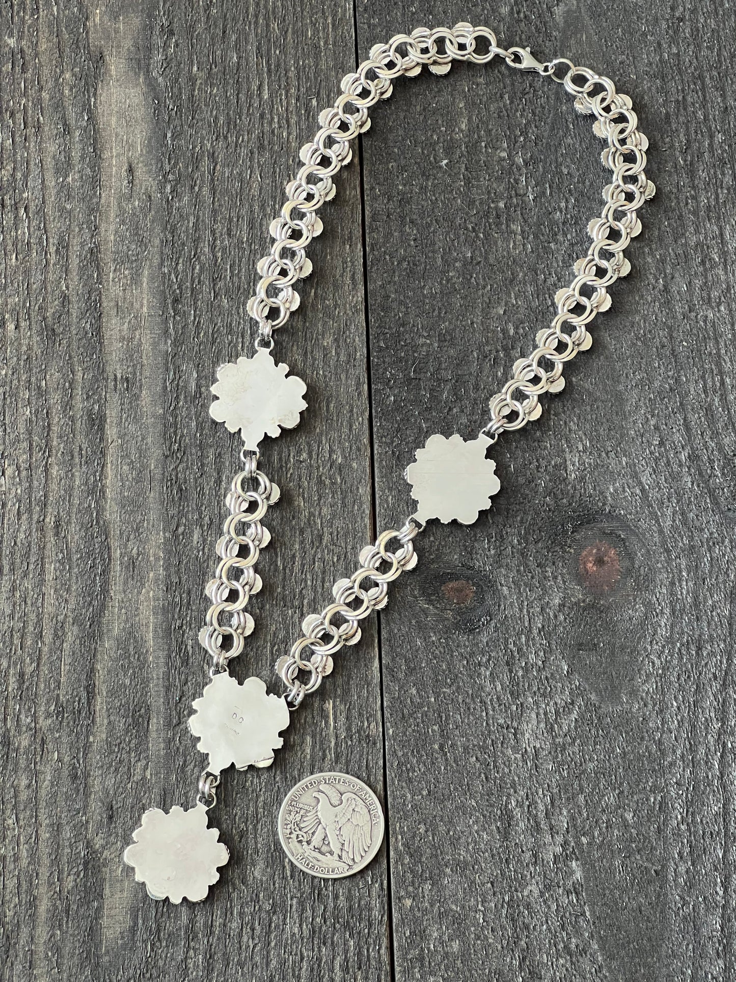 Zuni Sterling and Snake Eye Turquoise Link and Cluster Necklace by Dillon Cheama