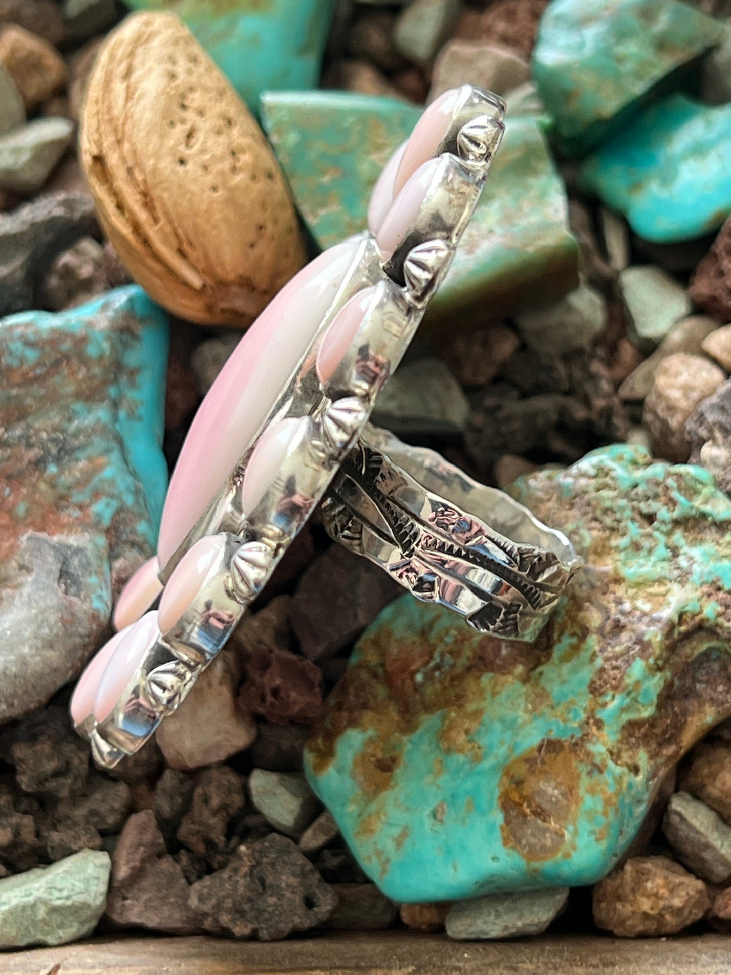 Navajo Sterling Silver and Oval Queen Pink Conch Shell Cluster Ring by Aaron Tallis, Adjustable