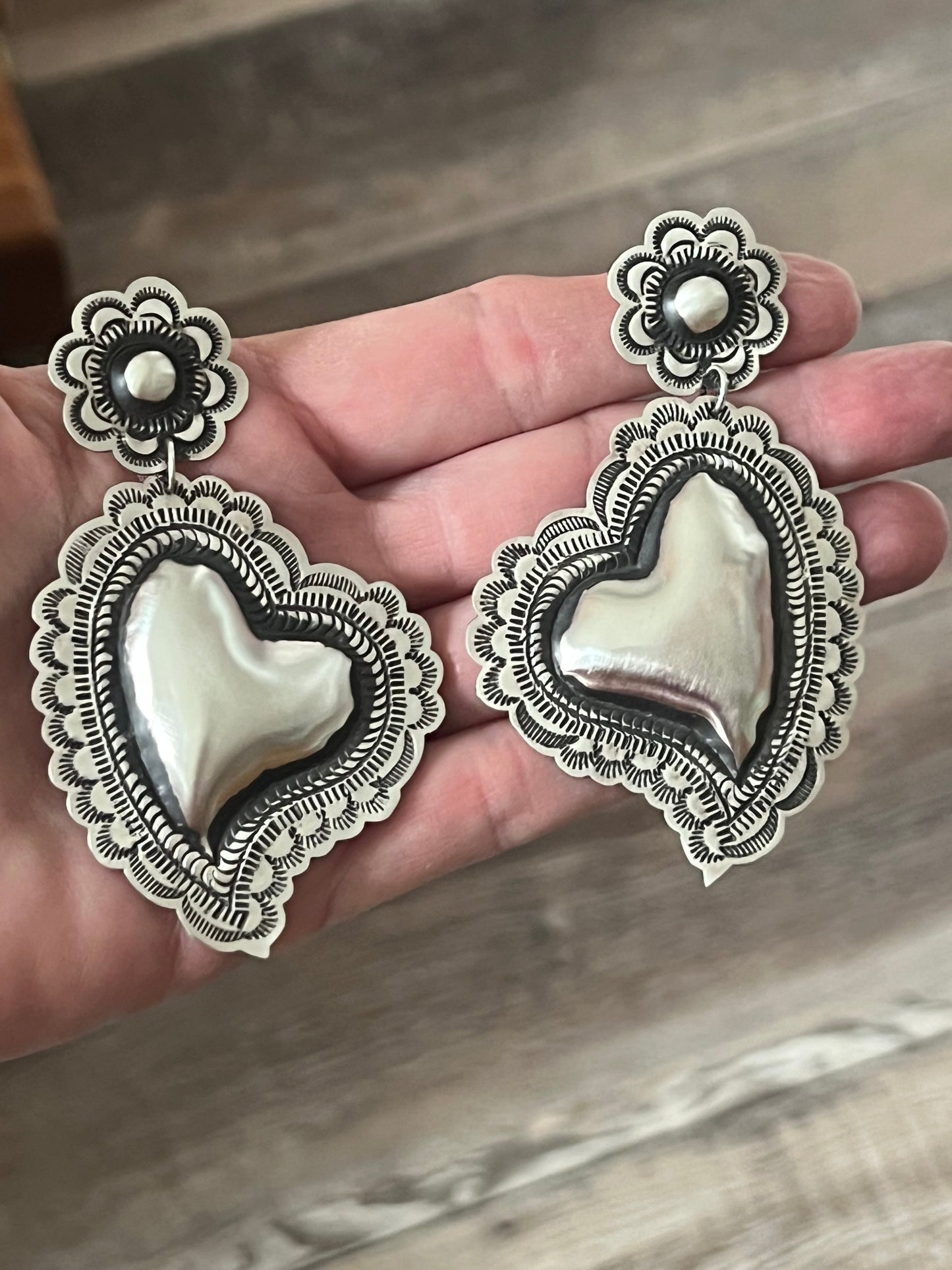 Handmade Navajo Sterling Silver Stamped Repousse Heart Earrings by Leander Tahe, AH2