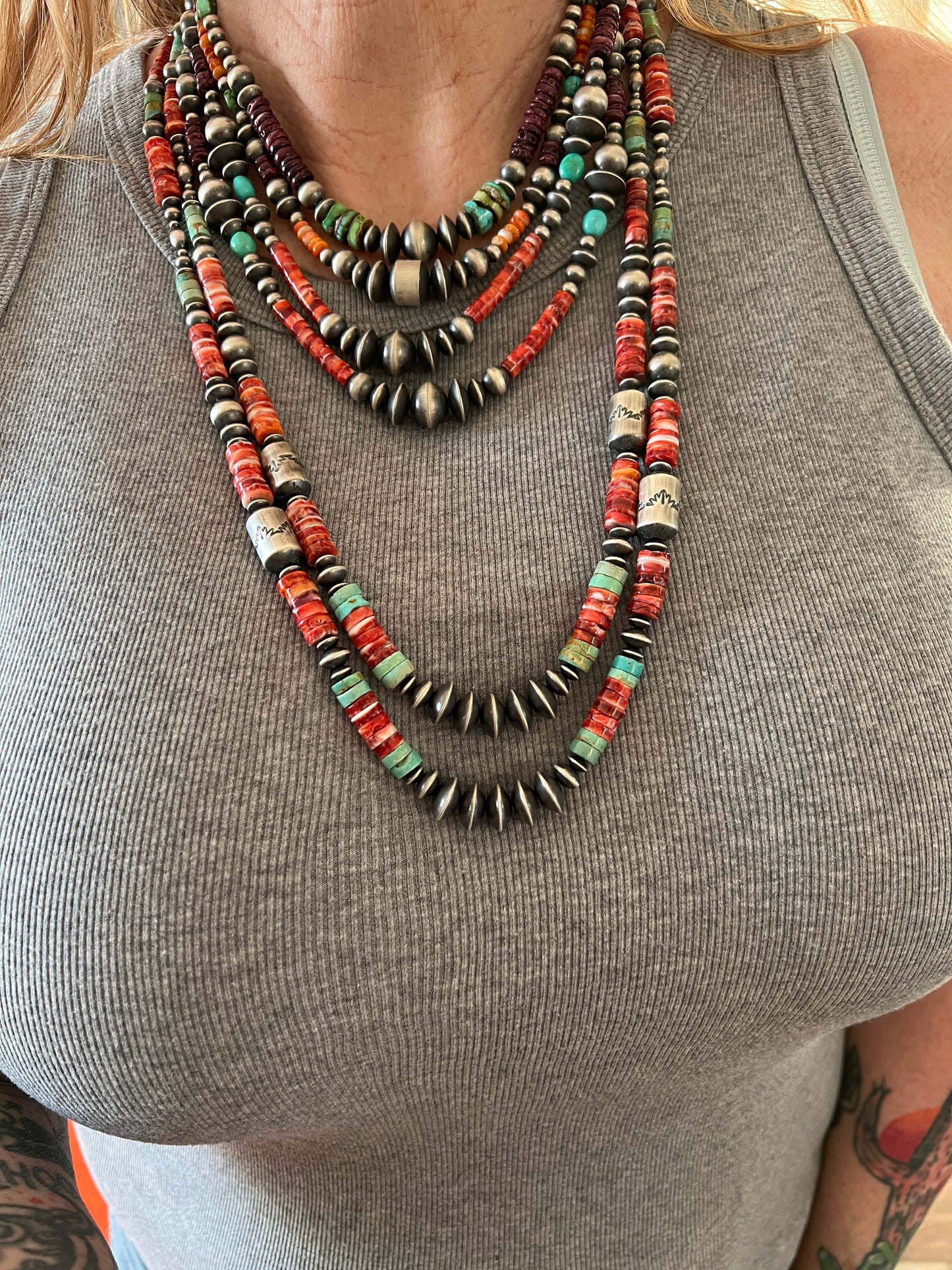 Navajo Electric Rainbow Sterling Silver, Turquoise and Spiny Oyster Single Strand Beaded Necklace by Rose Martin, 18 + 2 Inches
