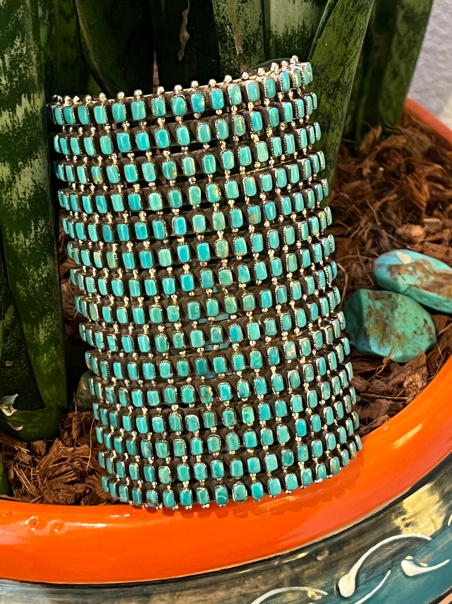 Epic Navajo Made 15 Row Sterling Silver and Turquoise Gauntlet Style Cuff Bracelet
