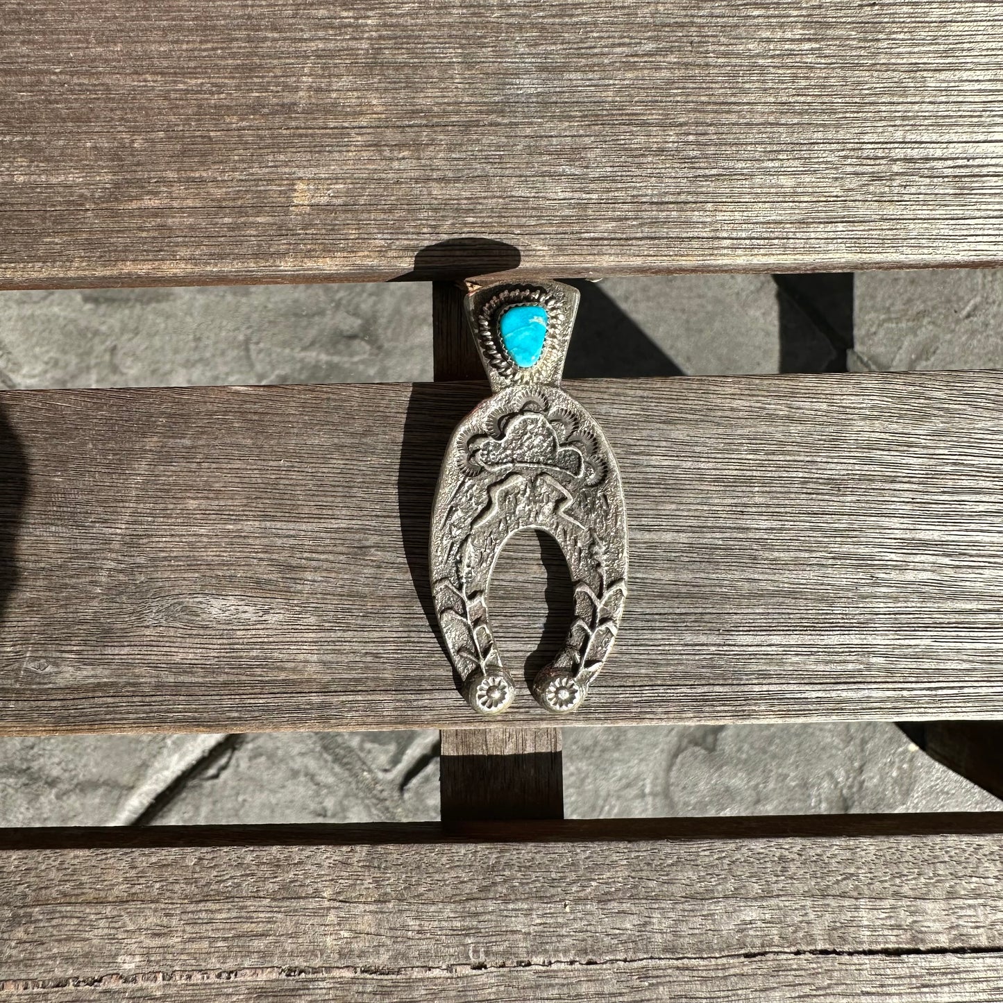 Navajo Made Tufa Cast Sterling Silver and Turquoise Naja Pendant by Delbert Arviso