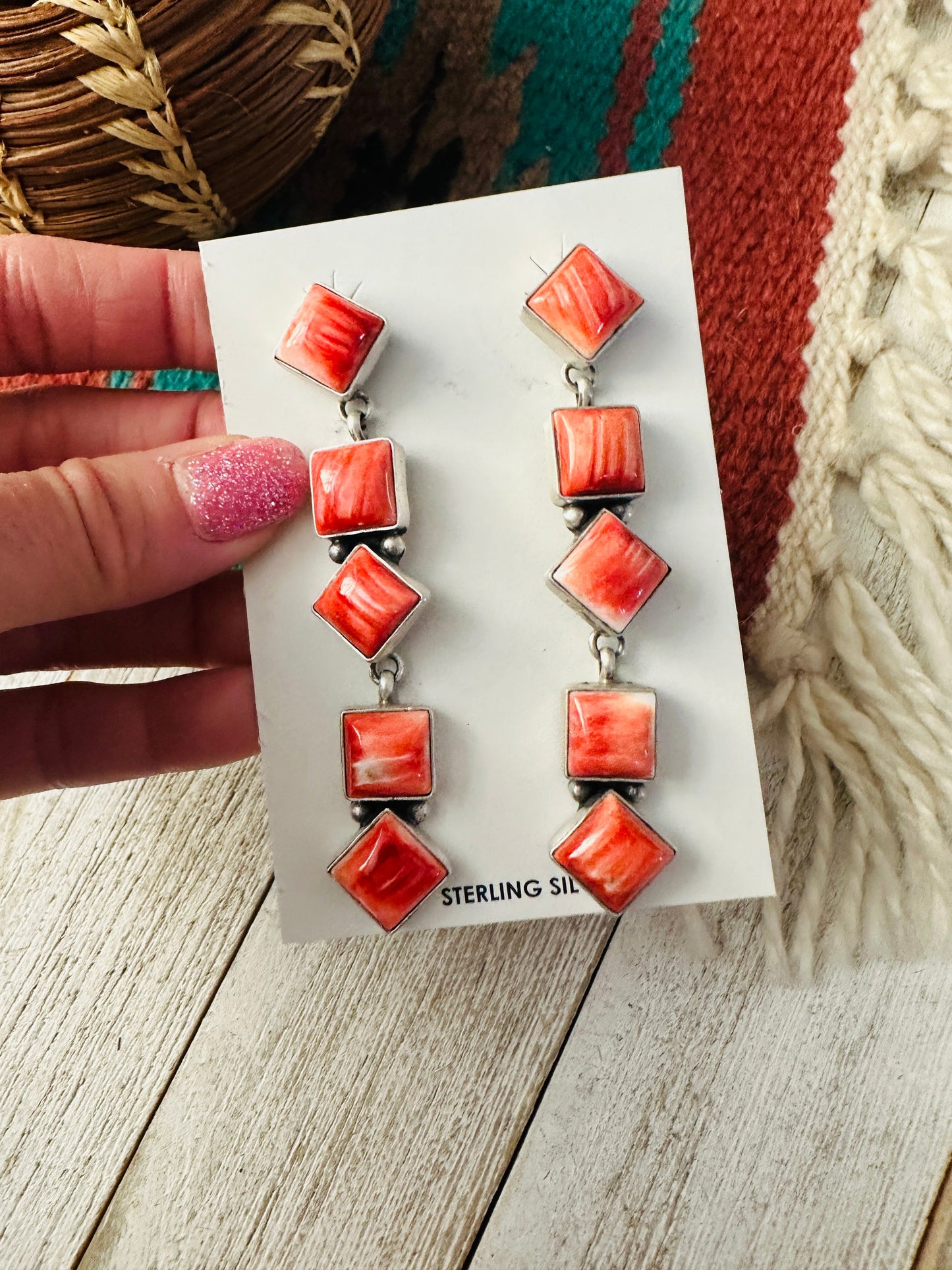 Navajo Orange Spiny and Sterling Silver Dangle Earrings