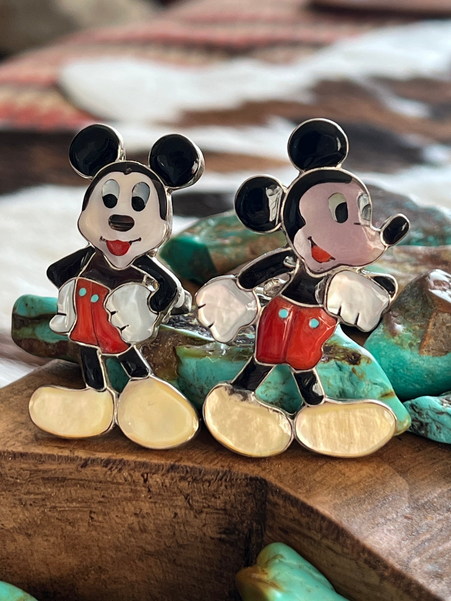 Zuni Made Mickey Mouse Multi Stone Inlay Rings by Don Dewa, Adjustable