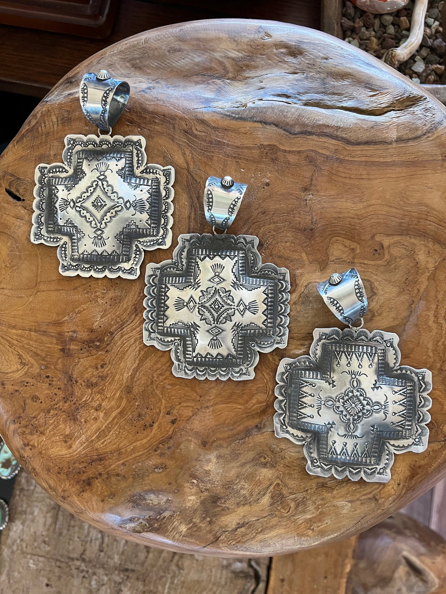 Navajo Hand Stamped Sterling Silver Santa Fe Cross Pendant by Victor Platero