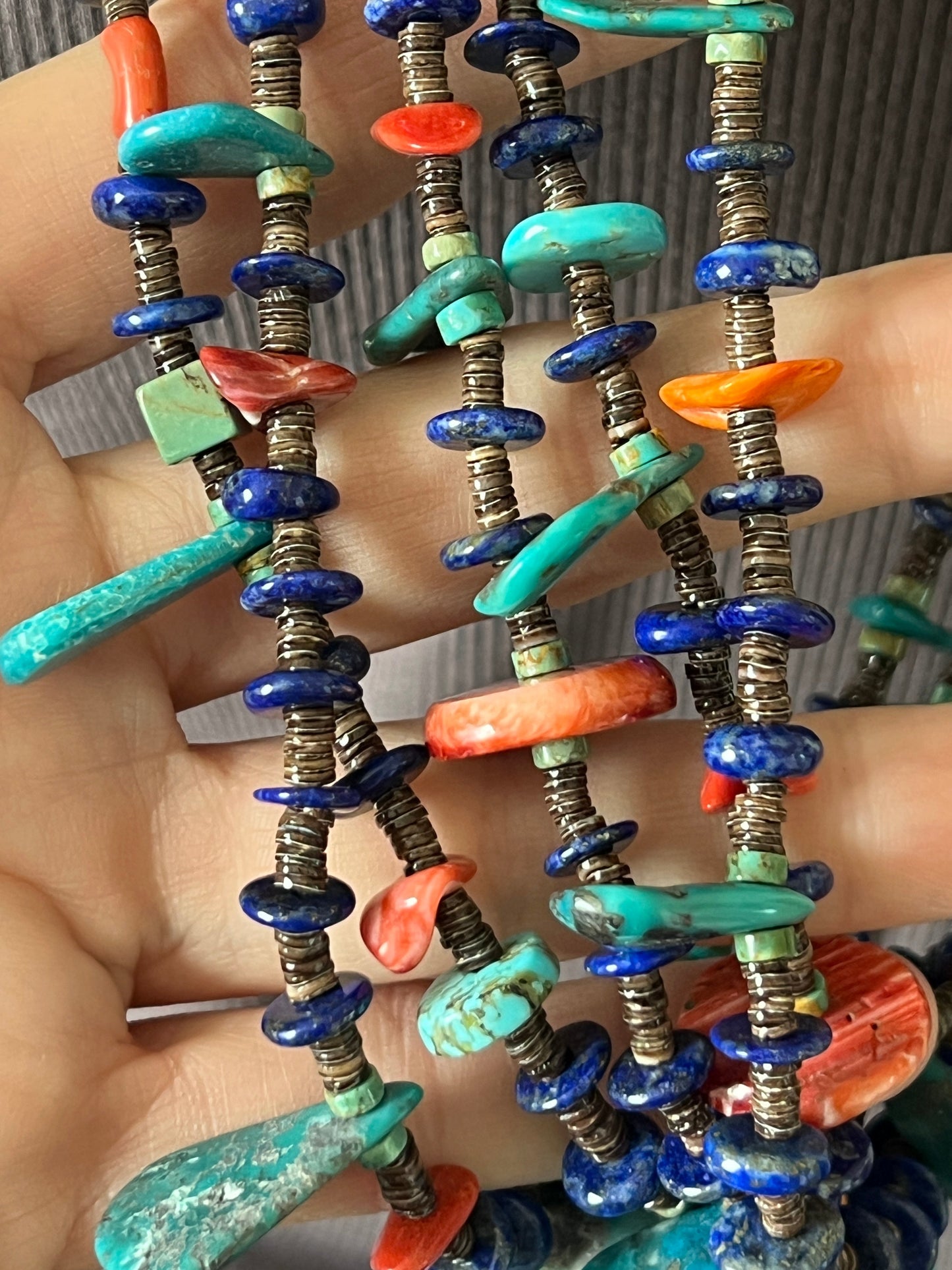 Gorgeous Santo Domingo Made Five Strand Lapis, Spiny Oyster and Turquoise Beaded Squaw Wrap Necklace with Tabs by Daniel Coriz