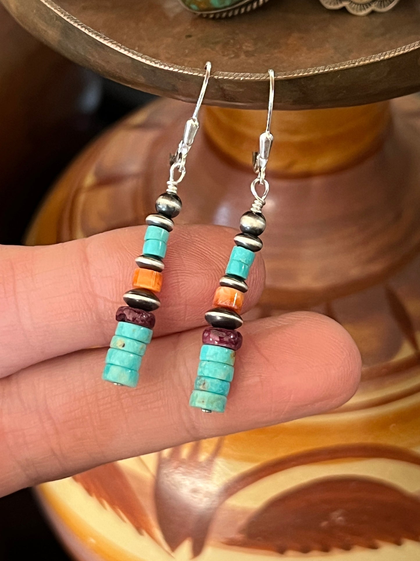 Navajo Made Sterling Silver Summer Lovin’ Turquoise and Spiny Oyster Beaded Drop Earrings, Leverback