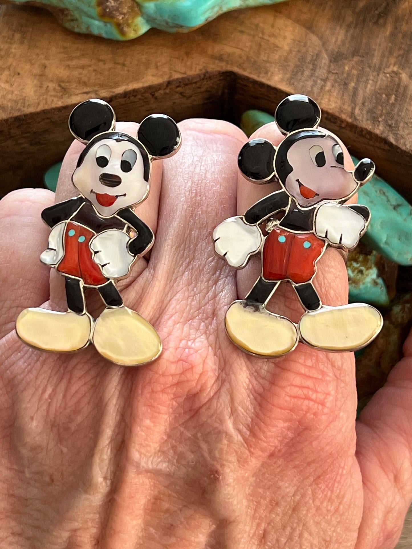 Zuni Made Mickey Mouse Multi Stone Inlay Rings by Don Dewa, Adjustable