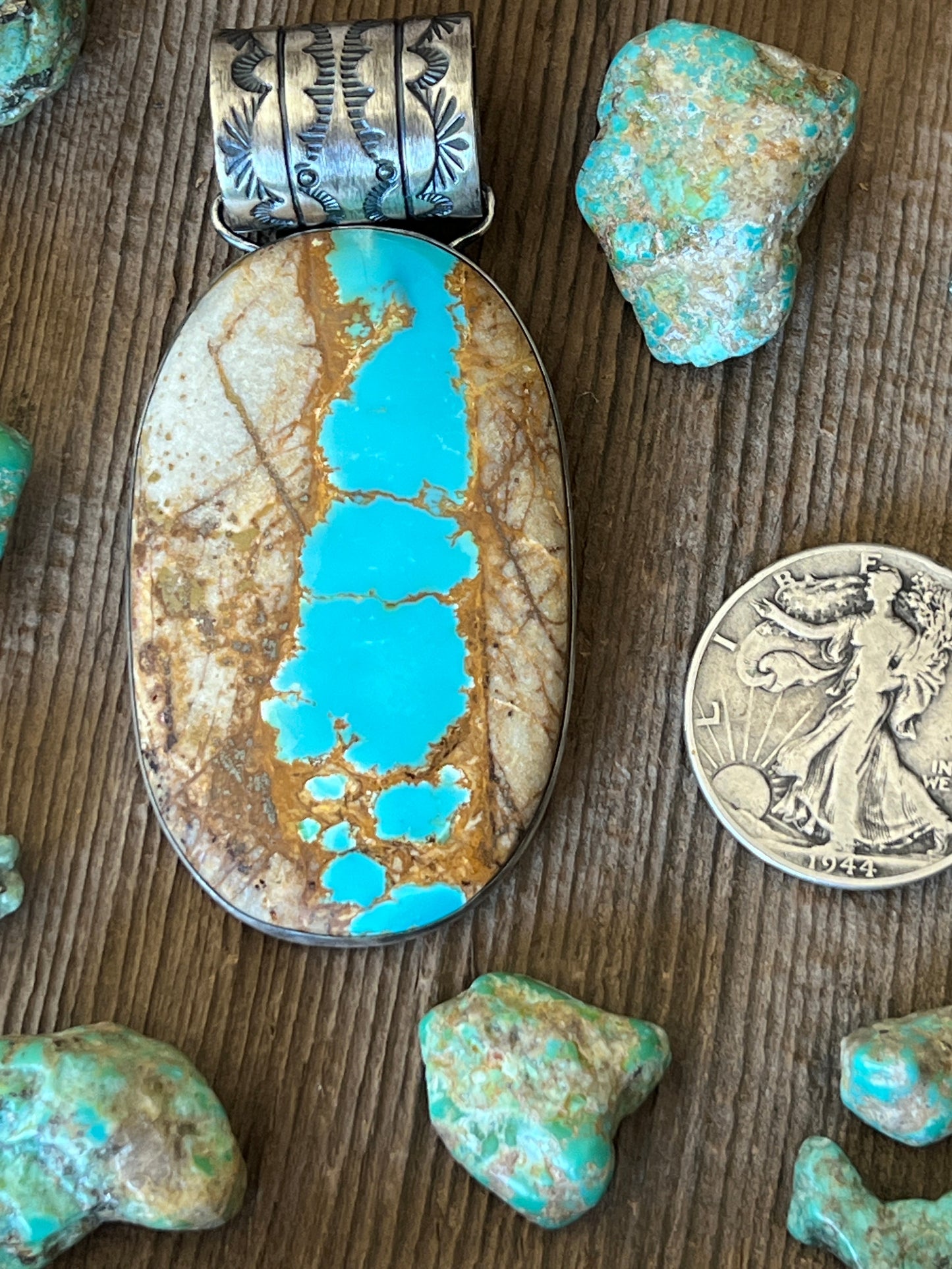 Navajo Sterling Silver and Royston Ribbon Turquoise Solo Pendant by Angela Martin
