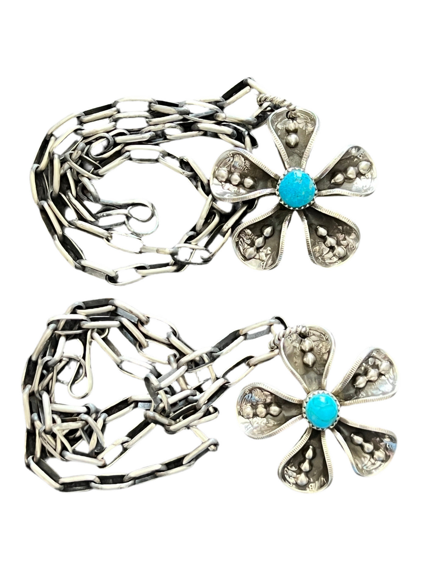 Navajo Sterling and Coin Silver Mercury Dime Flower Pendant with Turquoise on Handmade Chain by James Begay