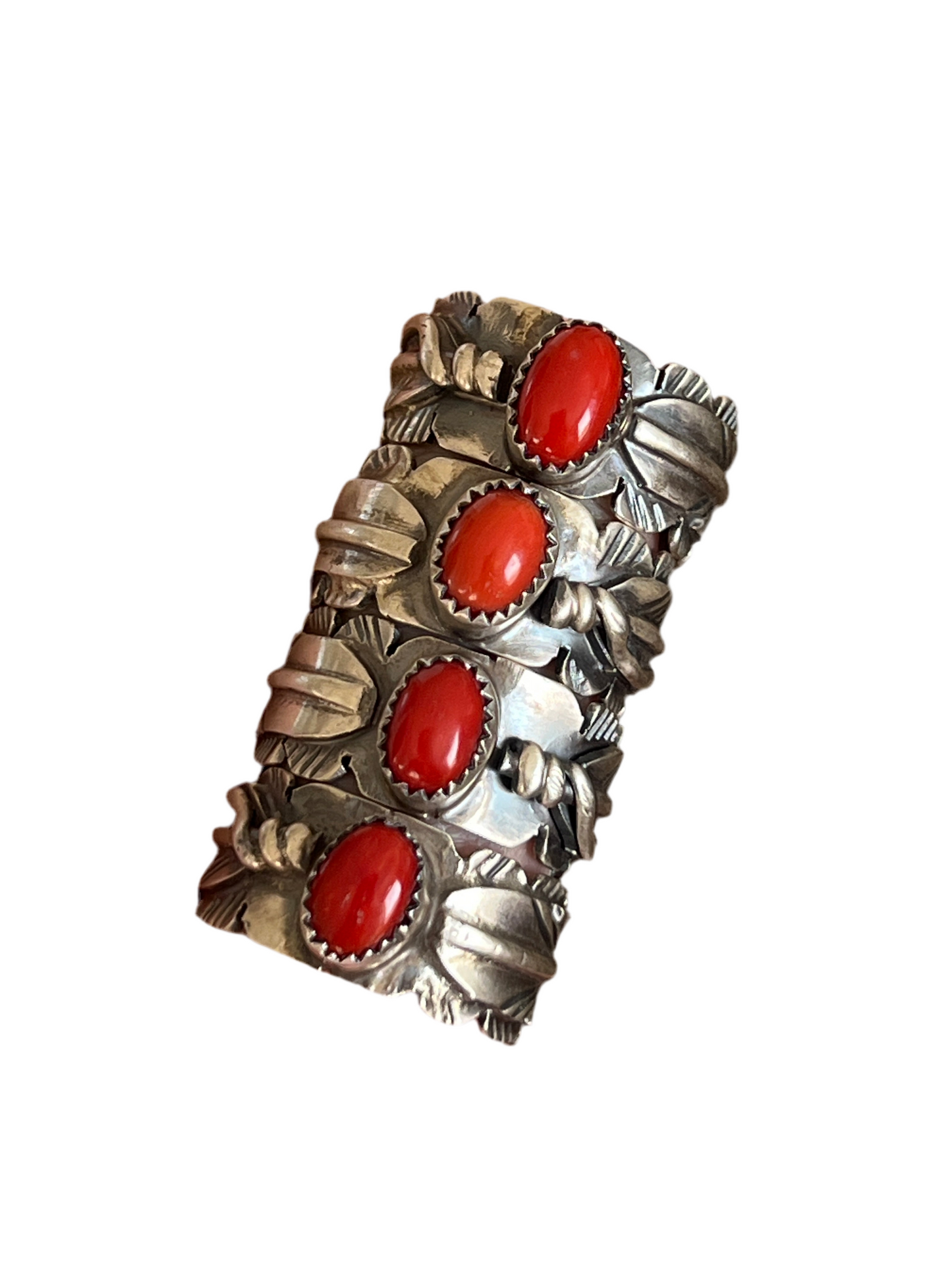 Navajo Sterling Silver Stout Feather Rings with Mediterranean Coral, Signed KM