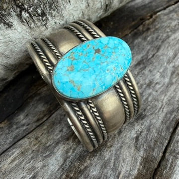 Navajo Made Sterling Silver and Turquoise Oval Cuff Bracelet Signed Tahe