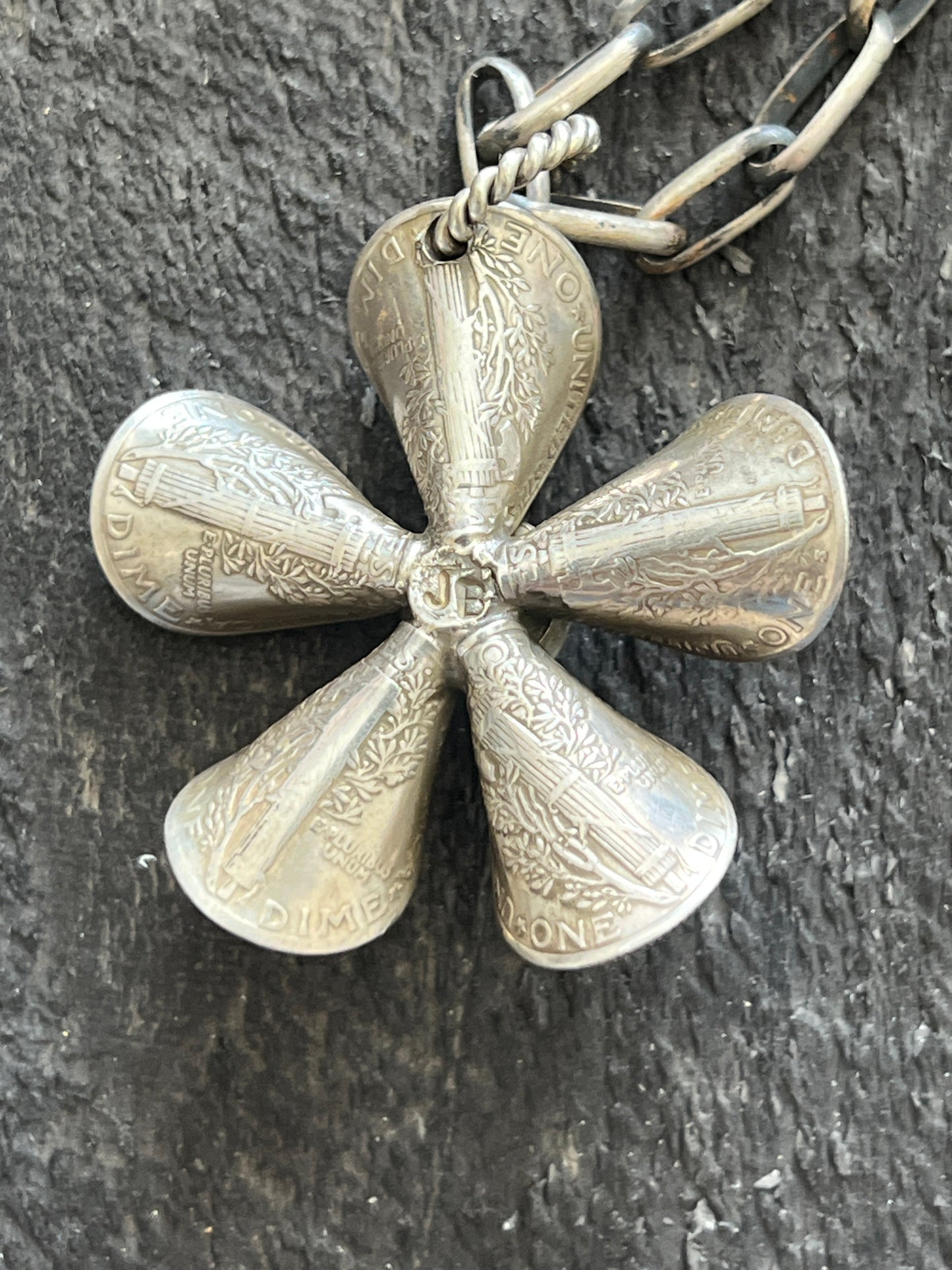 Navajo Sterling and Coin Silver Mercury Dime Flower Pendant with Turquoise on Handmade Chain by James Begay