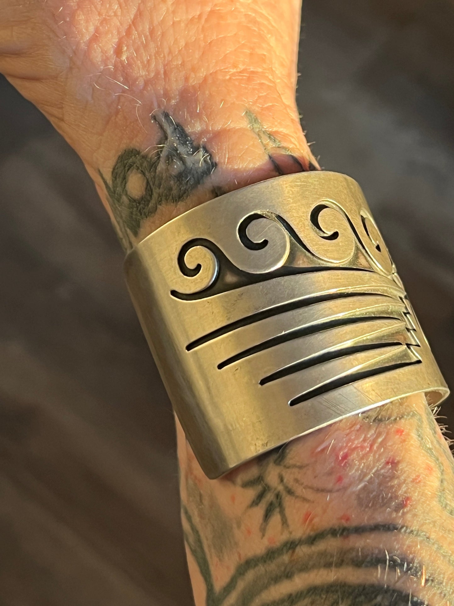 Old Pawn Sterling Silver Navajo Water Design Overlay Cuff, Unsigned