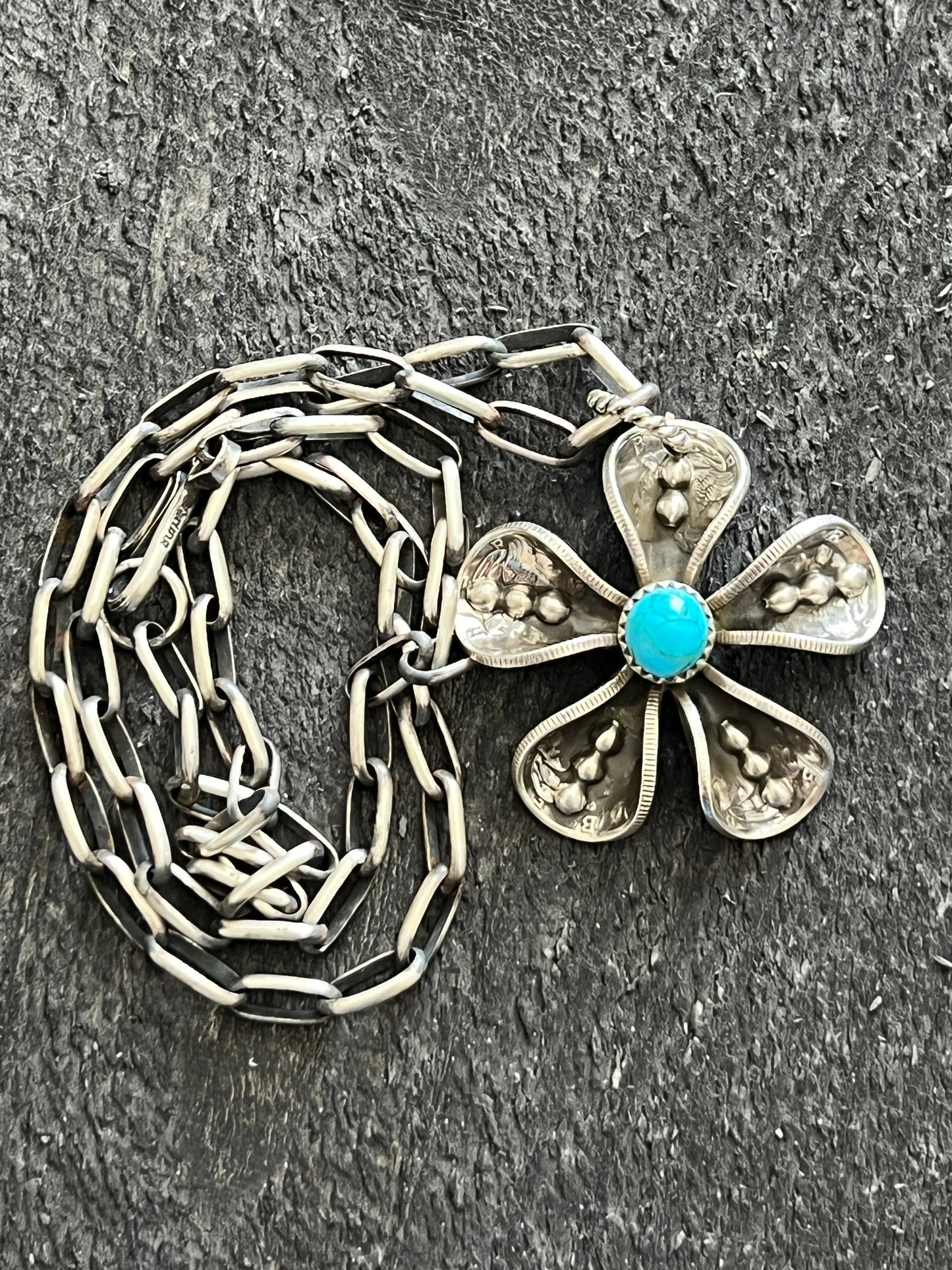 Navajo Sterling and Coin Silver Mercury Dime Flower Pendant with Turquoise on Handmade Chain by James Begay