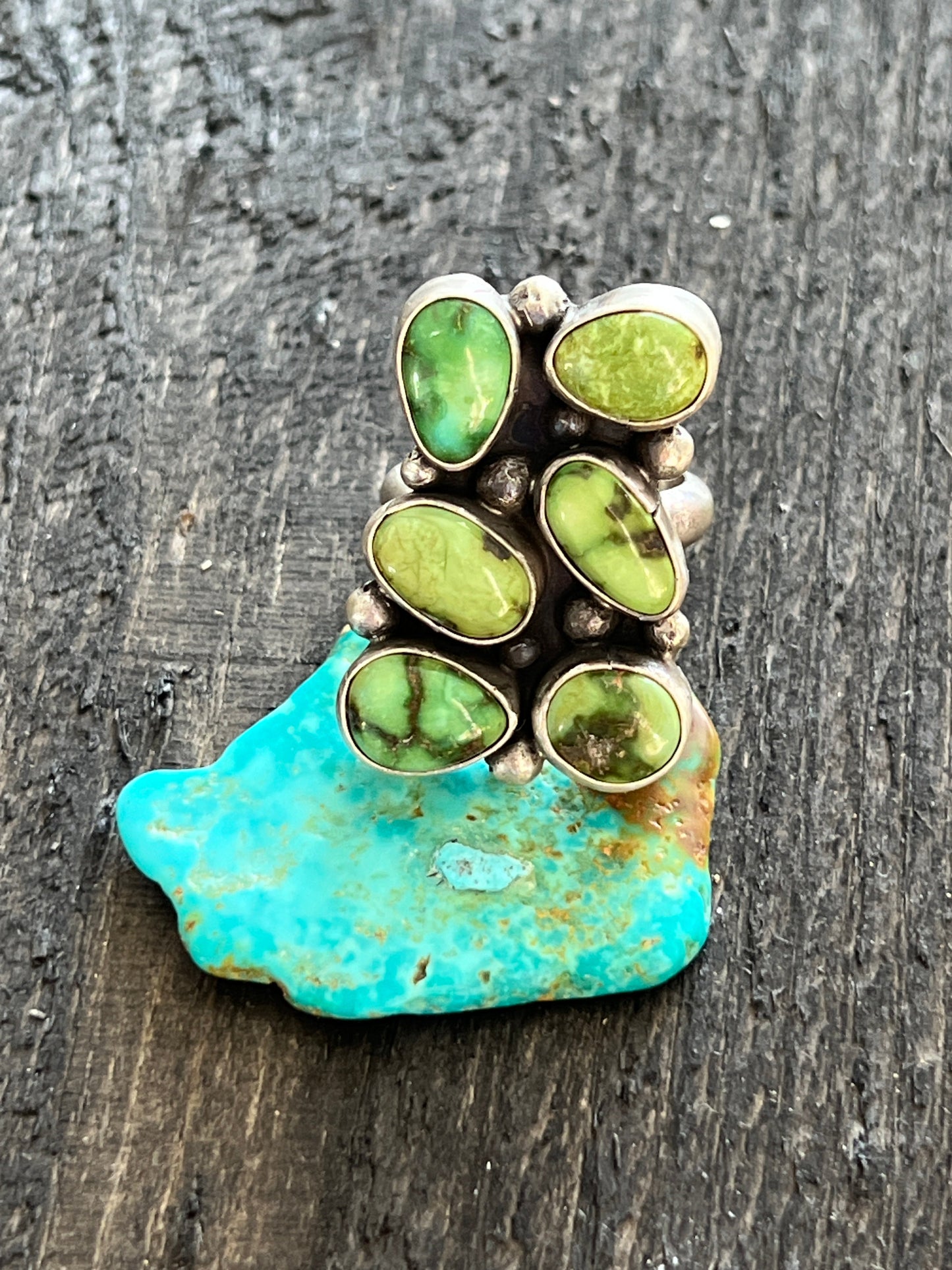 Navajo Sterling Silver and Sonoran Gold Turquoise Cluster Rings by Travis Jim, Size 8