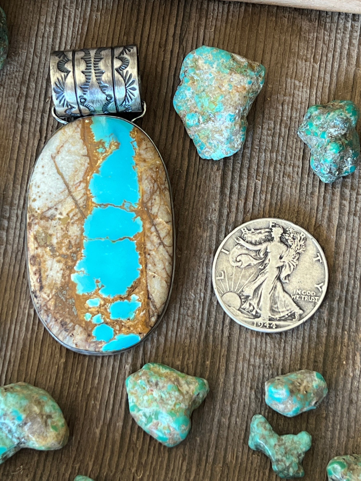 Navajo Sterling Silver and Royston Ribbon Turquoise Solo Pendant by Angela Martin