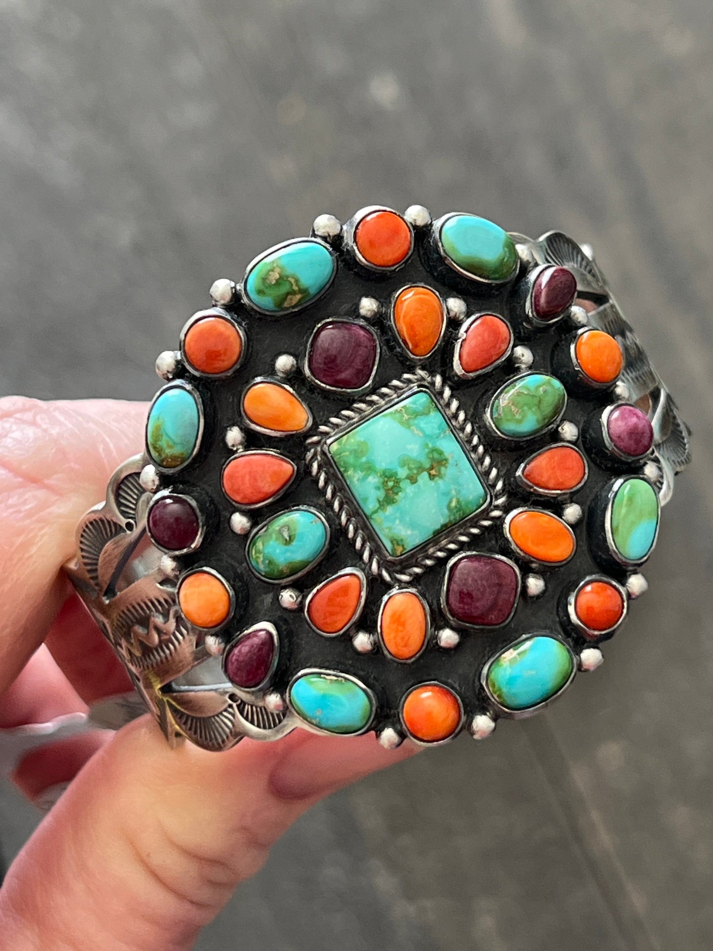 Navajo Sterling Silver Electric Rainbow Sonoran Turquoise and Spiny Oyster Cluster Cuff Bracelet by Murphy Platero