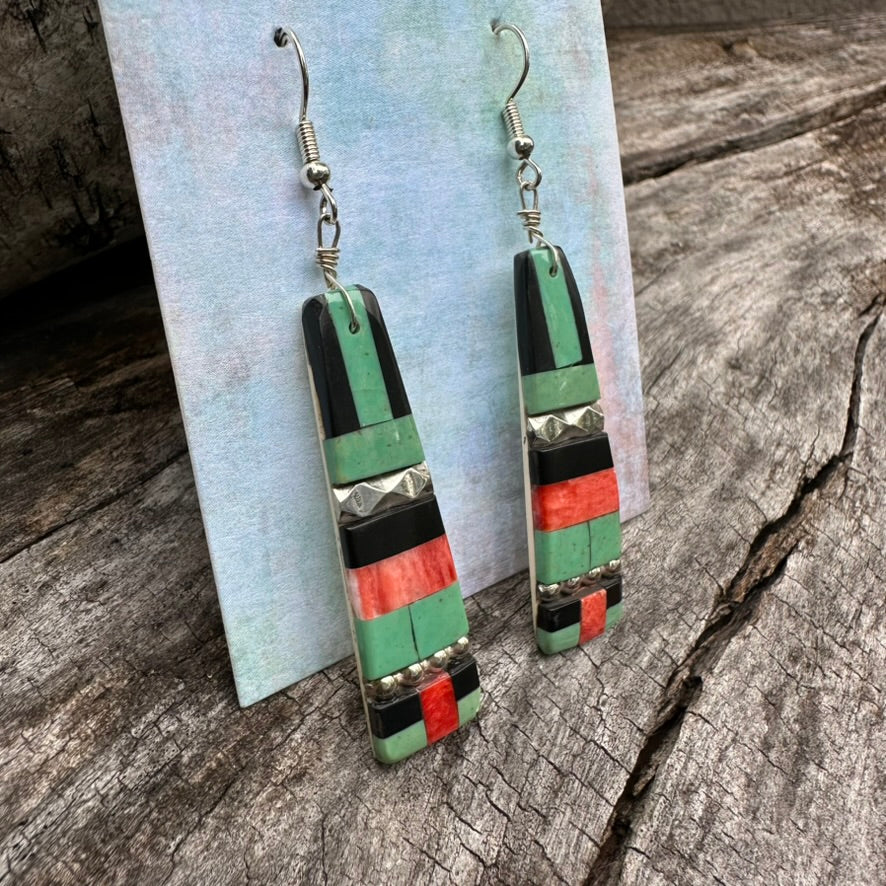 Native Made Green Turquoise Inlay Earrings by Daniel Coriz