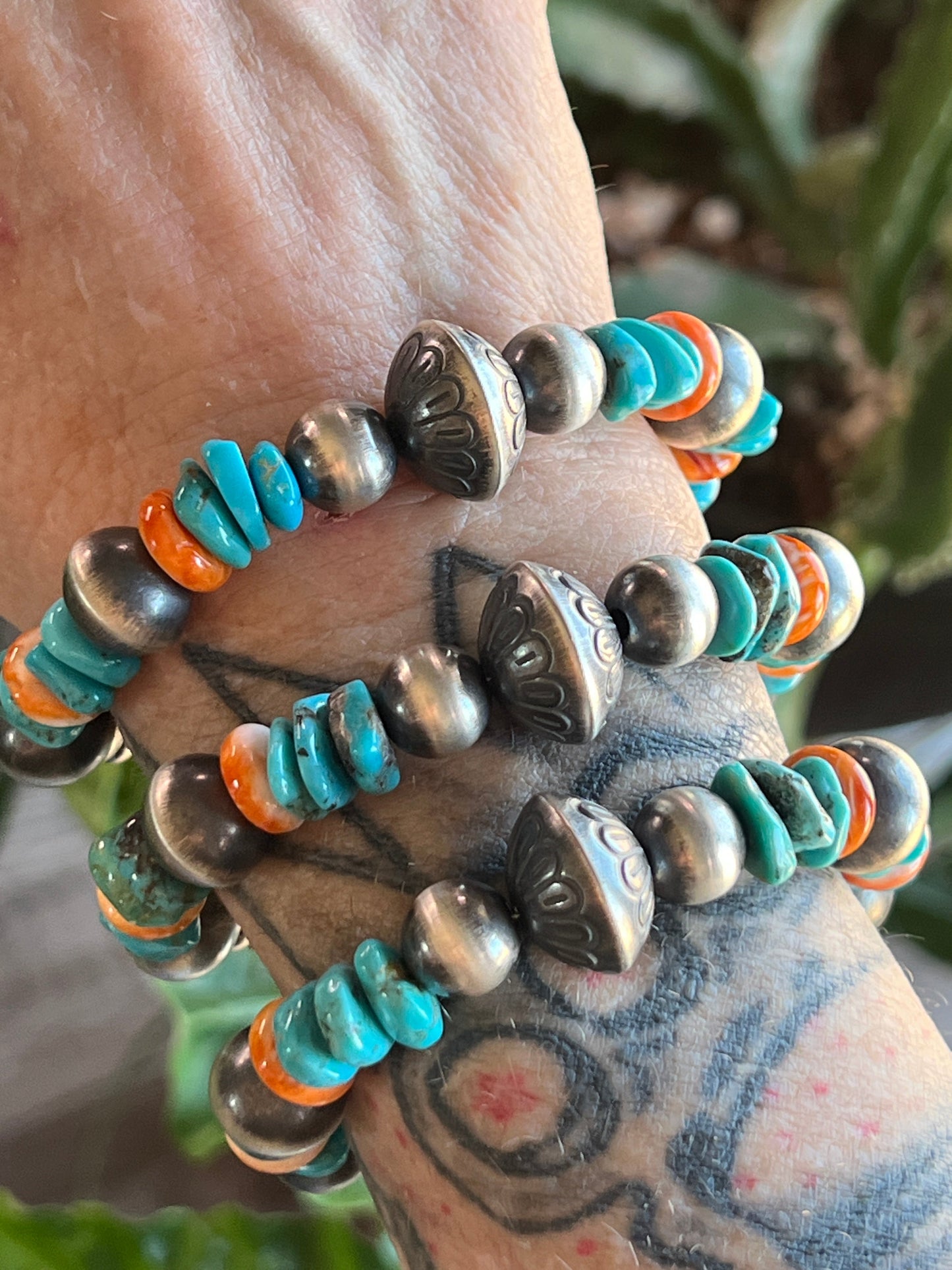 Navajo Made Chunky Sterling Silver, Turquoise and Spiny Oyster Shell Beaded Bracelet, Adjustable