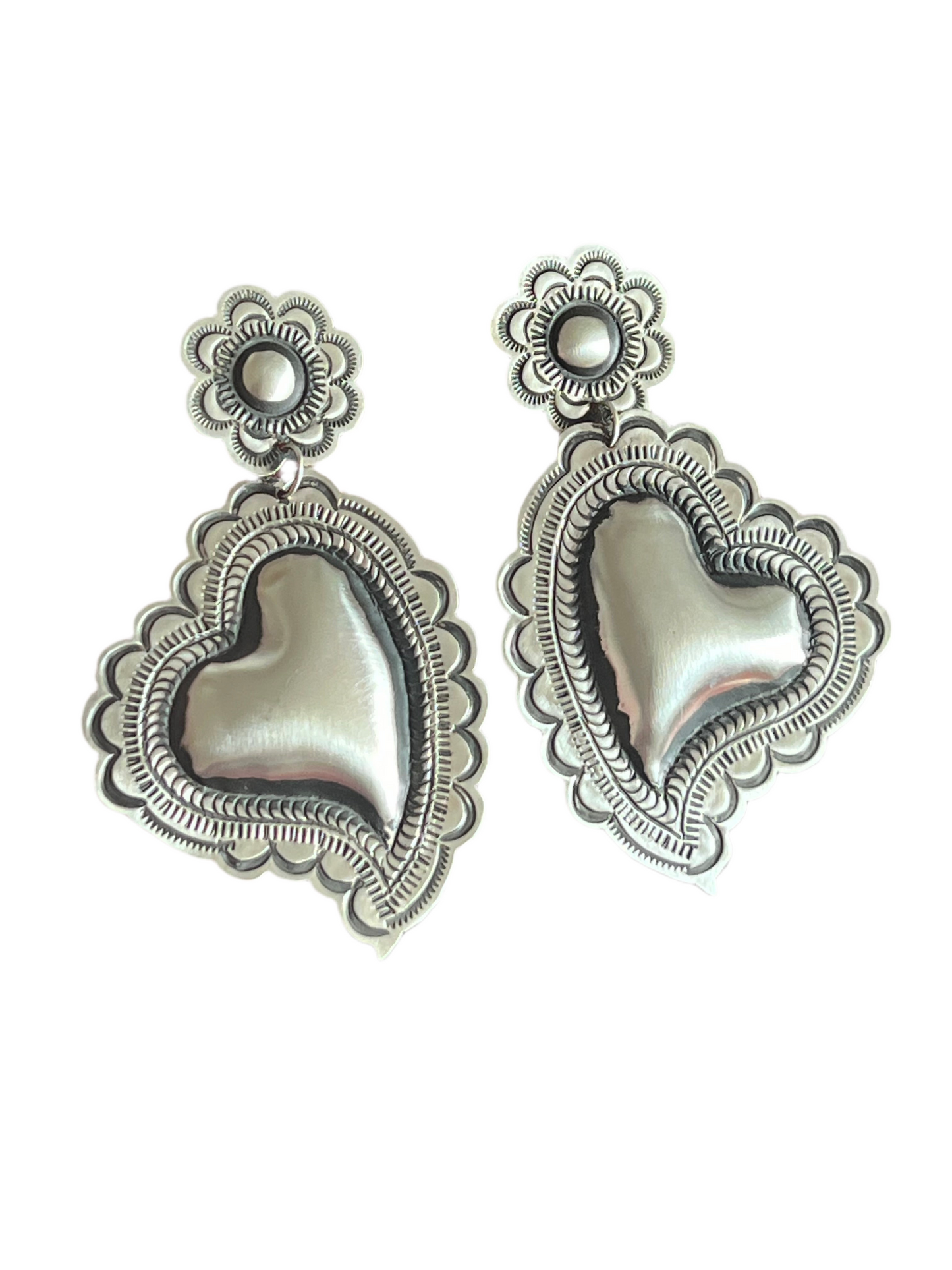 Handmade Navajo Sterling Silver Stamped Repousse Heart Earrings by Leander Tahe, AH1