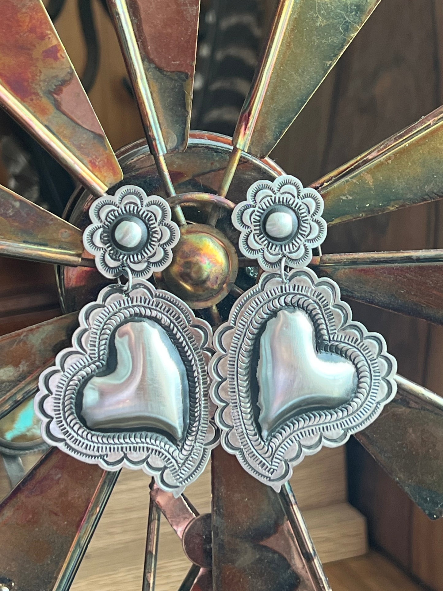Handmade Navajo Sterling Silver Stamped Repousse Heart Earrings by Leander Tahe, AH1