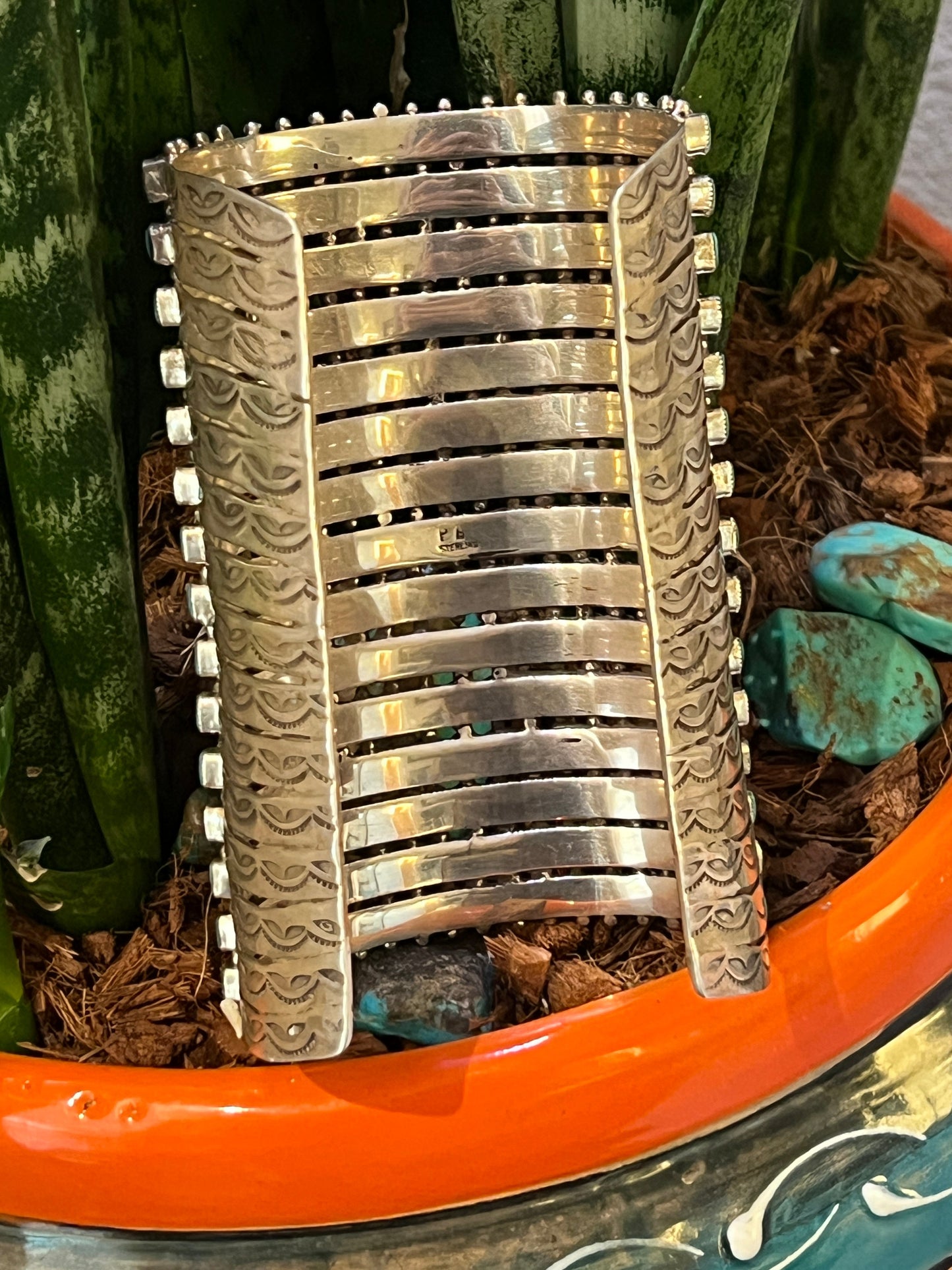 Epic Navajo Made 15 Row Sterling Silver and Turquoise Gauntlet Style Cuff Bracelet